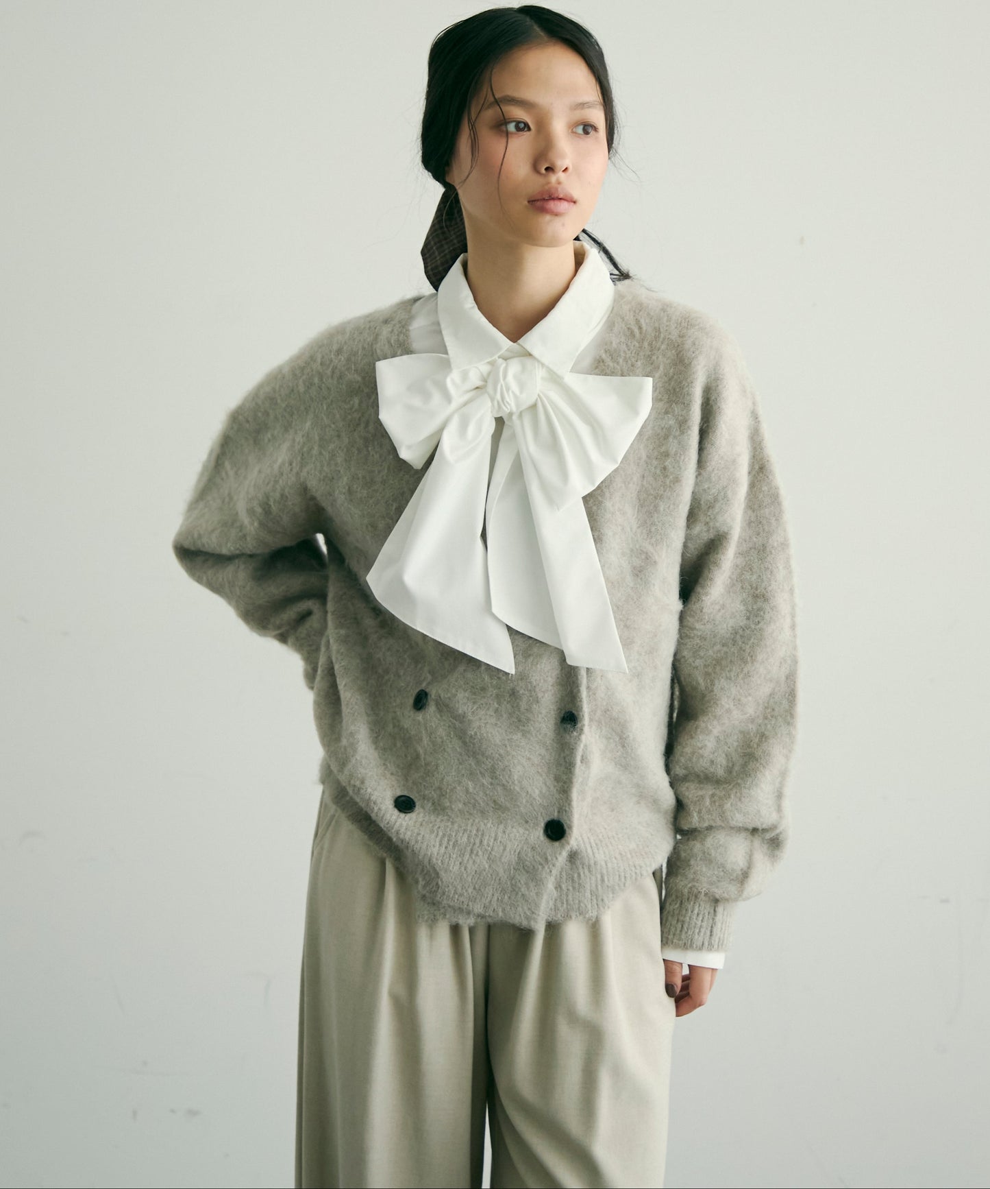 モヘアタッチシャギーダブルブレストカーディガン