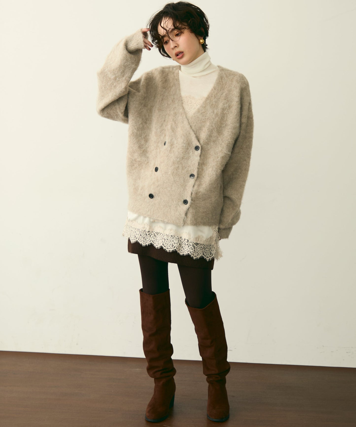 モヘアタッチシャギーダブルブレストカーディガン