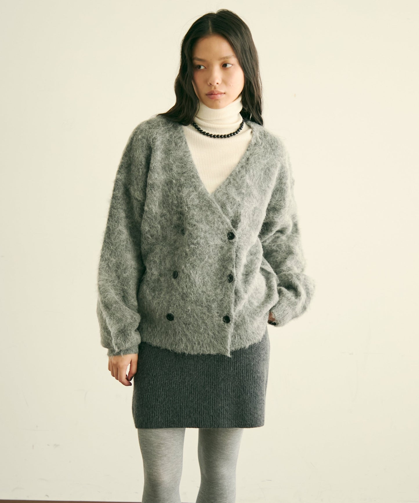 モヘアタッチシャギーダブルブレストカーディガン