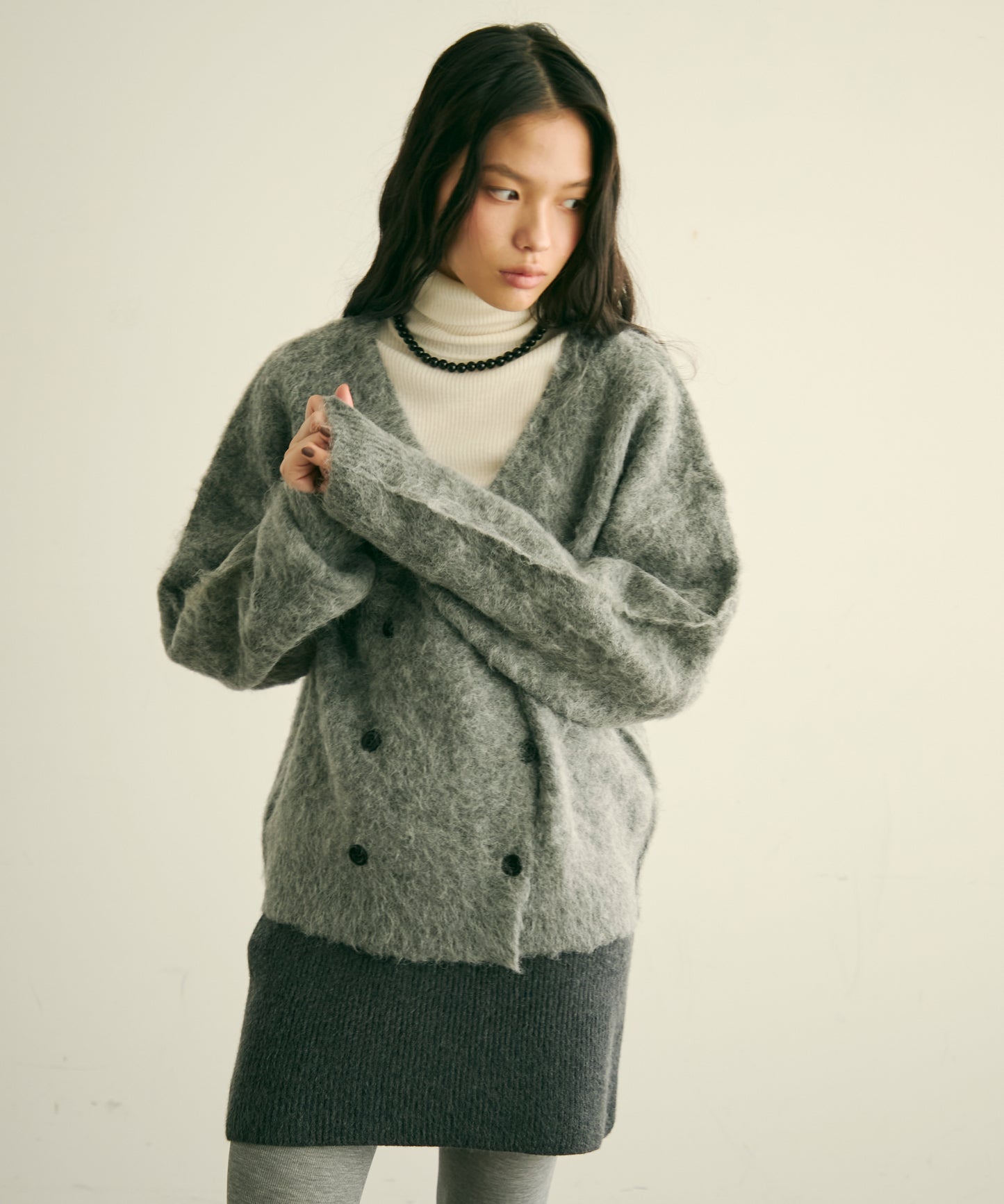 モヘアタッチシャギーダブルブレストカーディガン