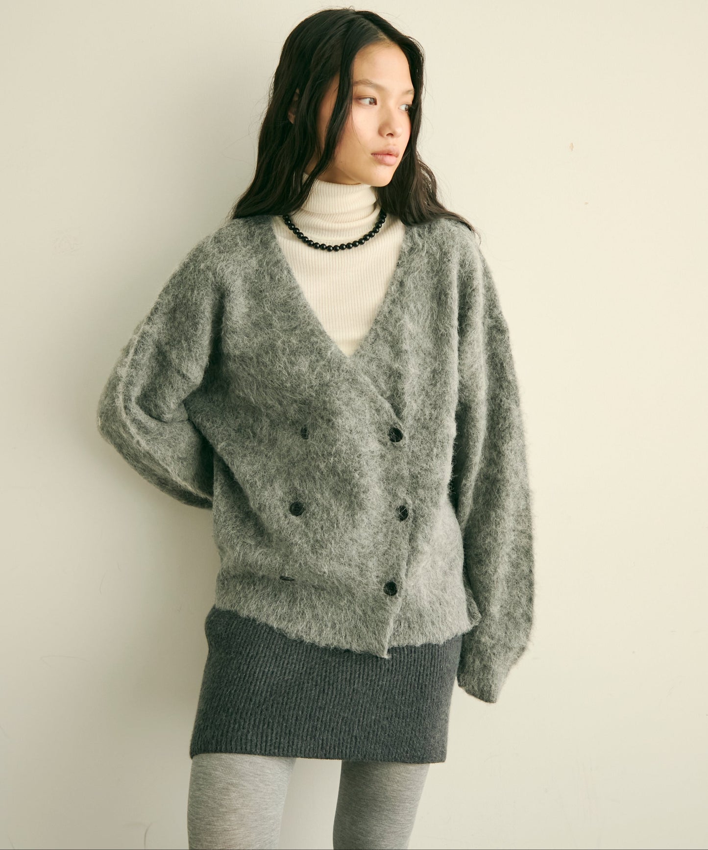 モヘアタッチシャギーダブルブレストカーディガン