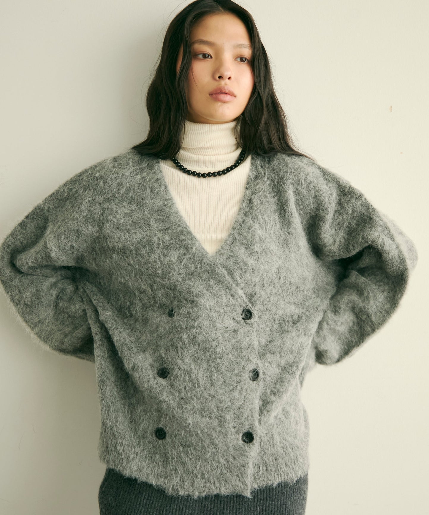 モヘアタッチシャギーダブルブレストカーディガン