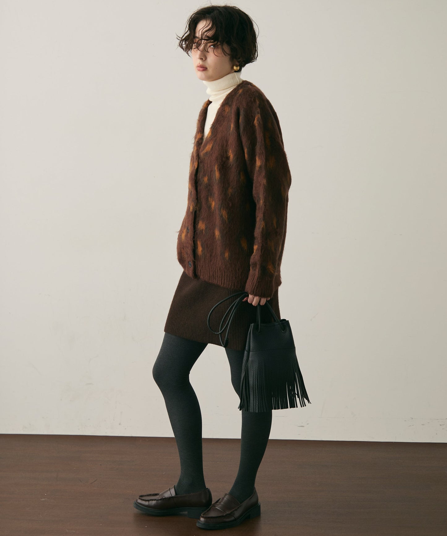 モヘアタッチレオパード柄Vネックカーディガン