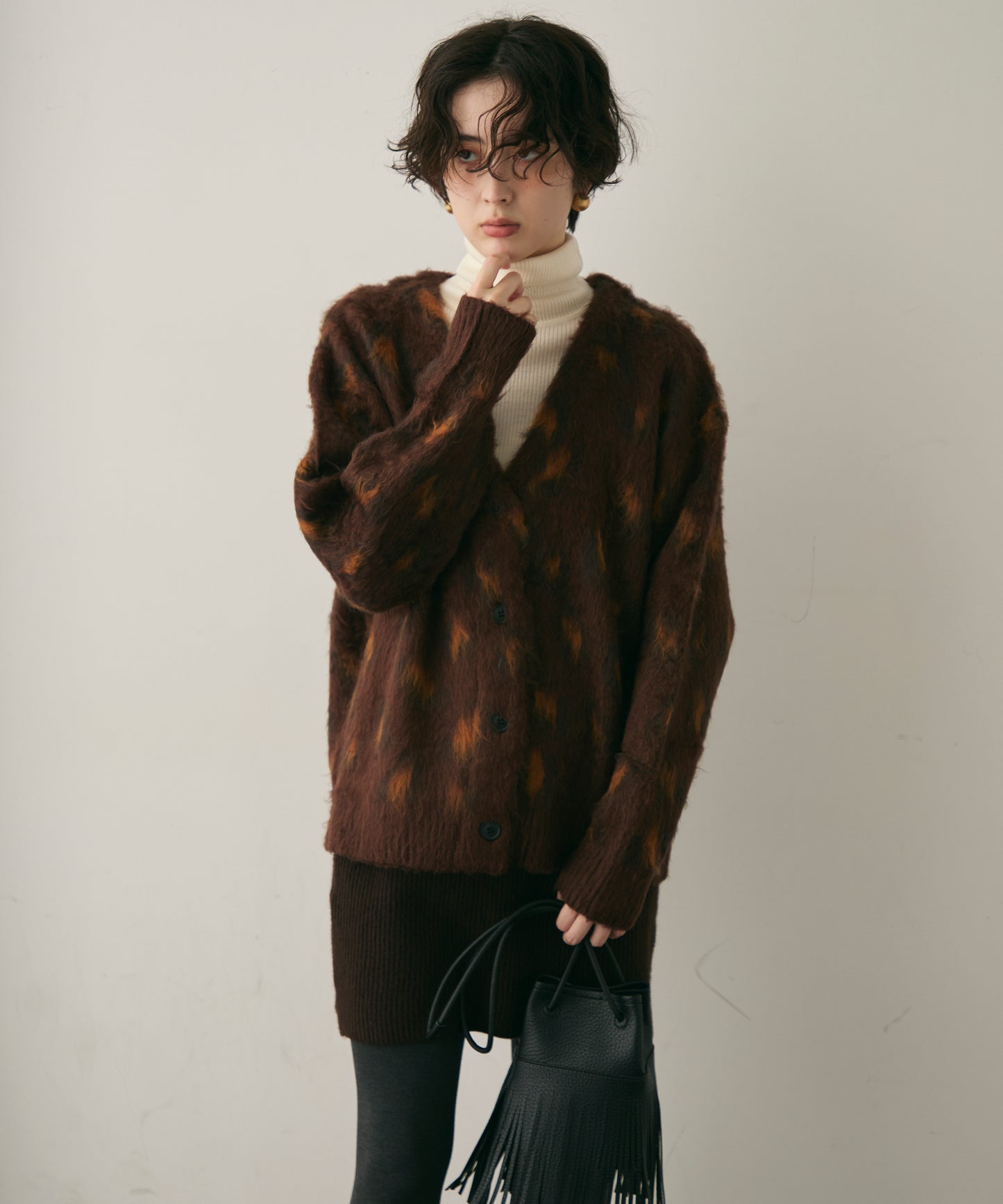 モヘアタッチレオパード柄Vネックカーディガン