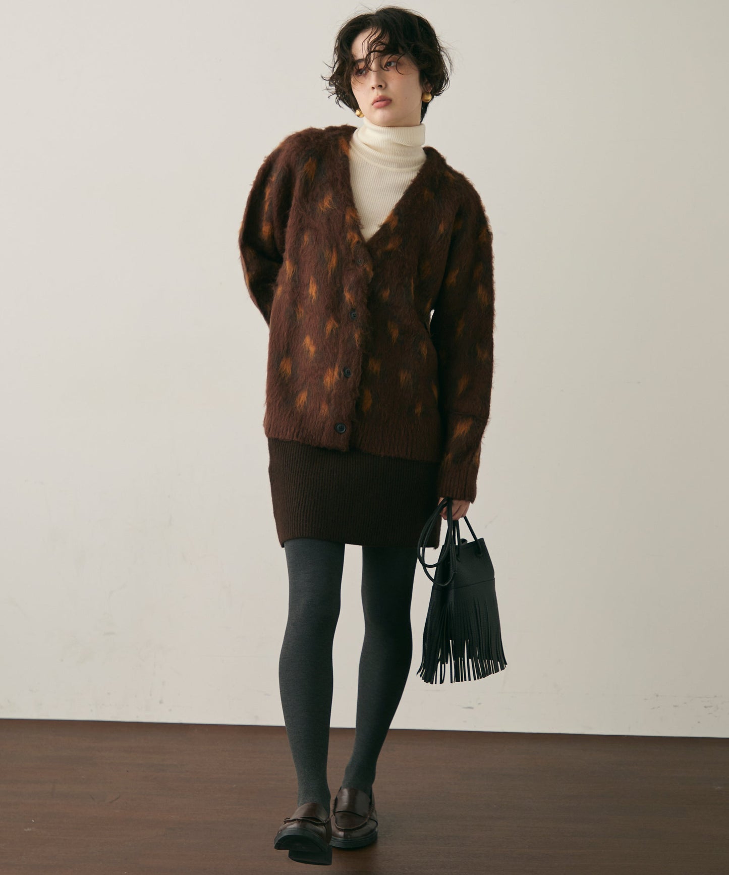 モヘアタッチレオパード柄Vネックカーディガン