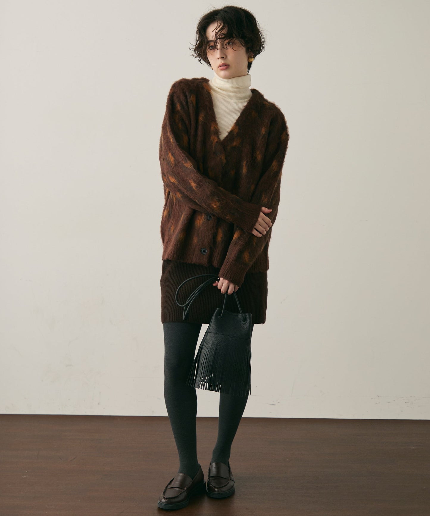 モヘアタッチレオパード柄Vネックカーディガン