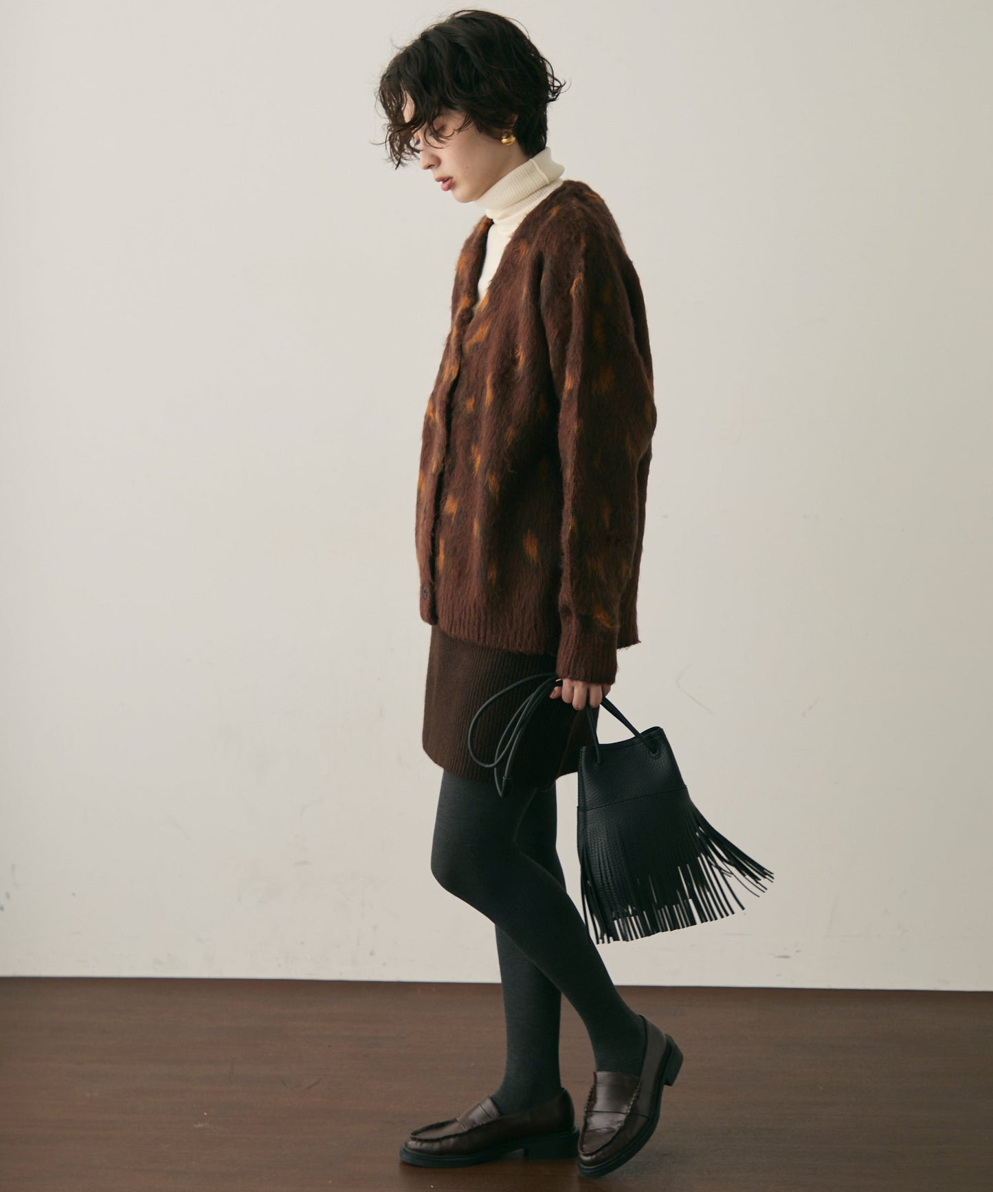 モヘアタッチレオパード柄Vネックカーディガン