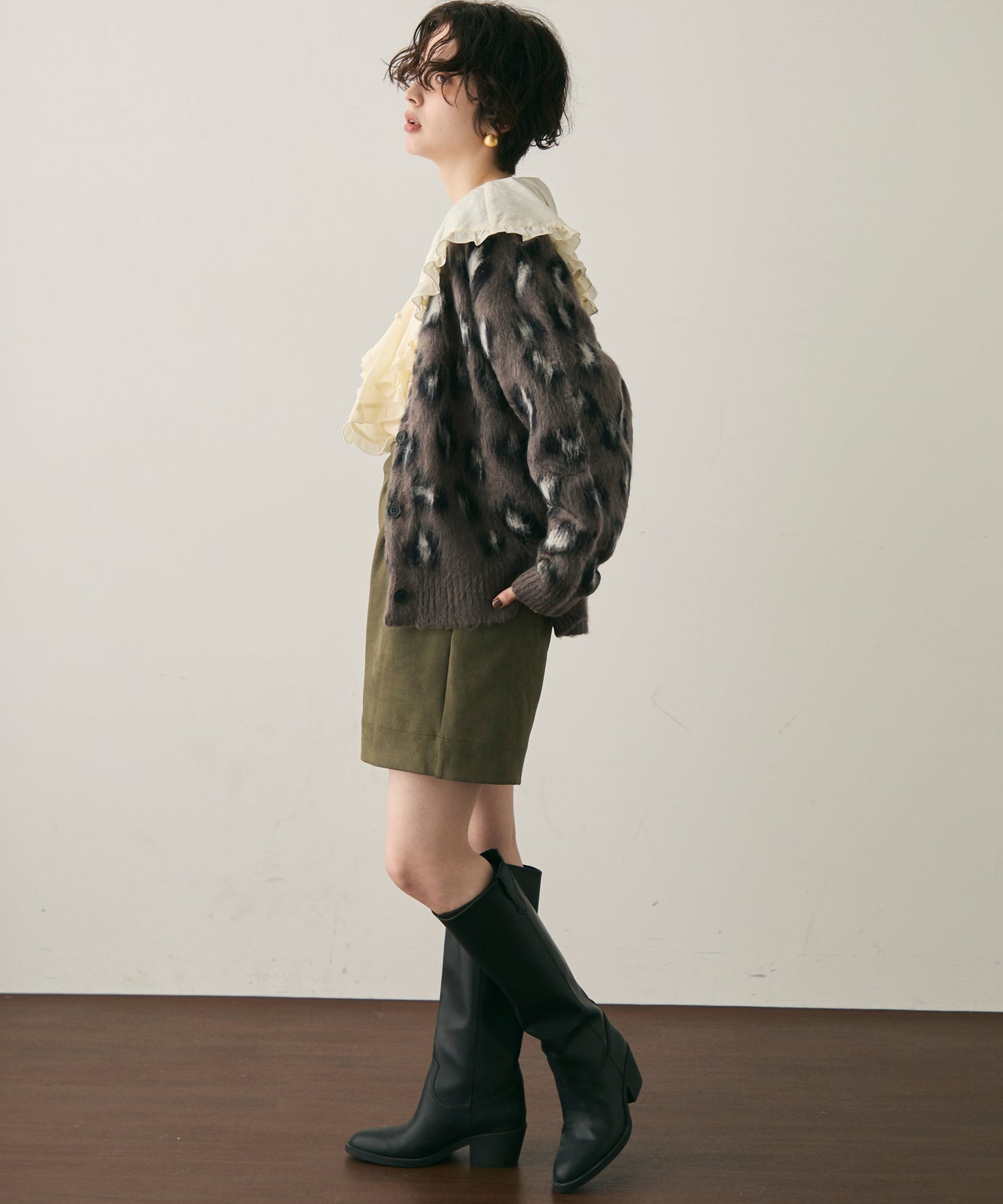 モヘアタッチレオパード柄Vネックカーディガン