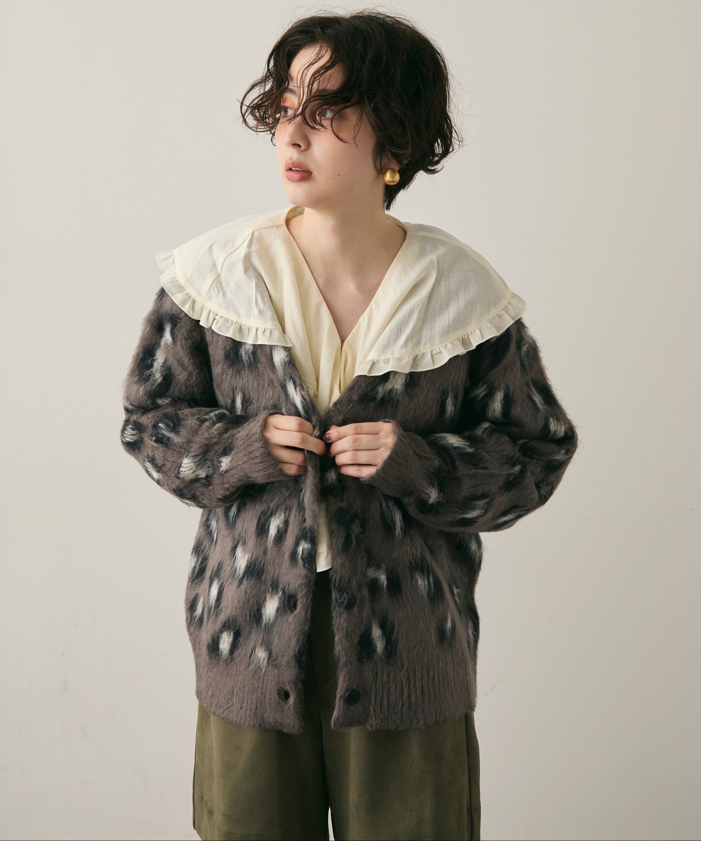 モヘアタッチレオパード柄Vネックカーディガン