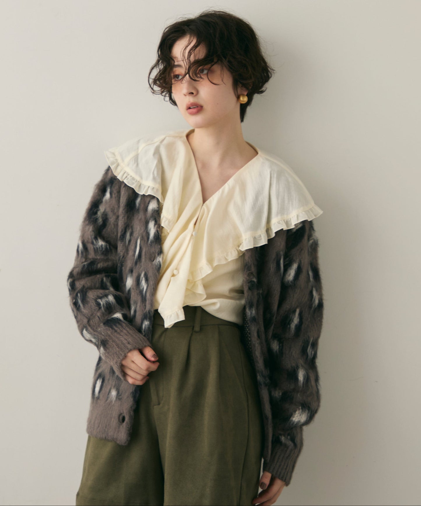モヘアタッチレオパード柄Vネックカーディガン