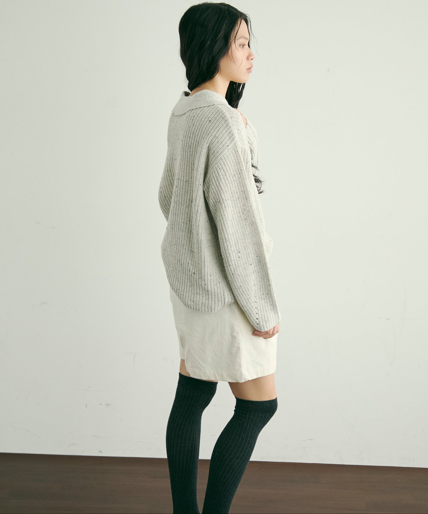 ネップ糸フロントホック衿付きプルオーバー