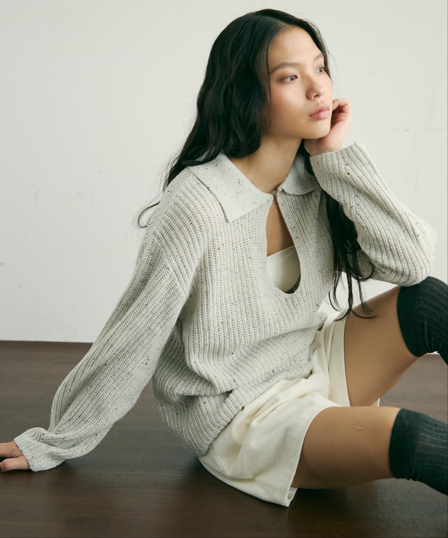 ネップ糸フロントホック衿付きプルオーバー