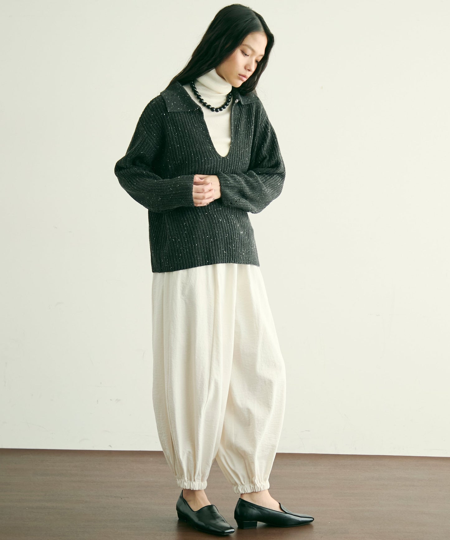 ネップ糸フロントホック衿付きプルオーバー