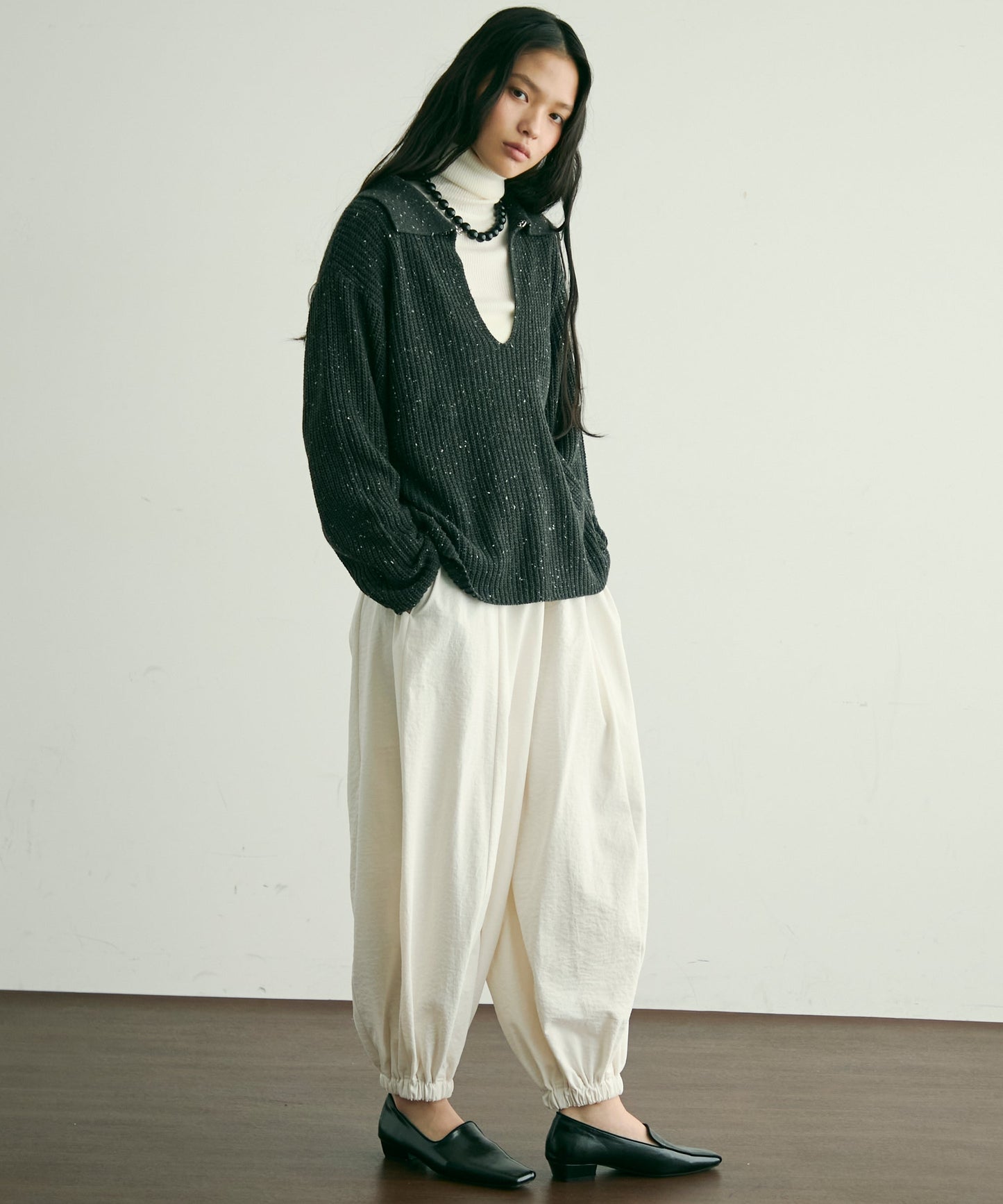 ネップ糸フロントホック衿付きプルオーバー