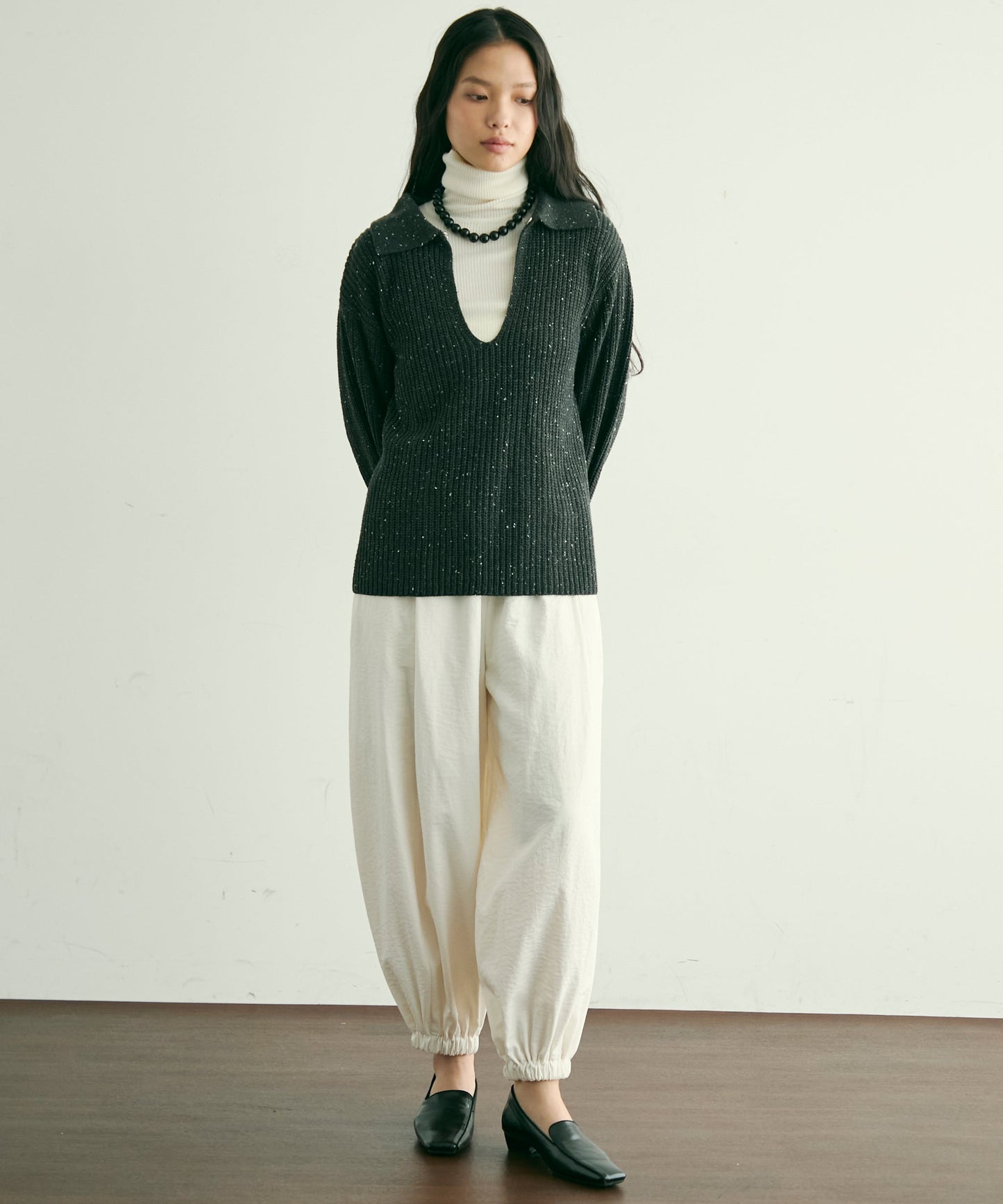 ネップ糸フロントホック衿付きプルオーバー