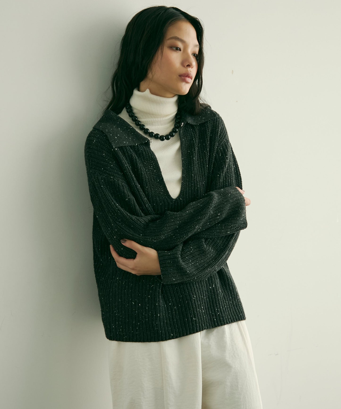 ネップ糸フロントホック衿付きプルオーバー