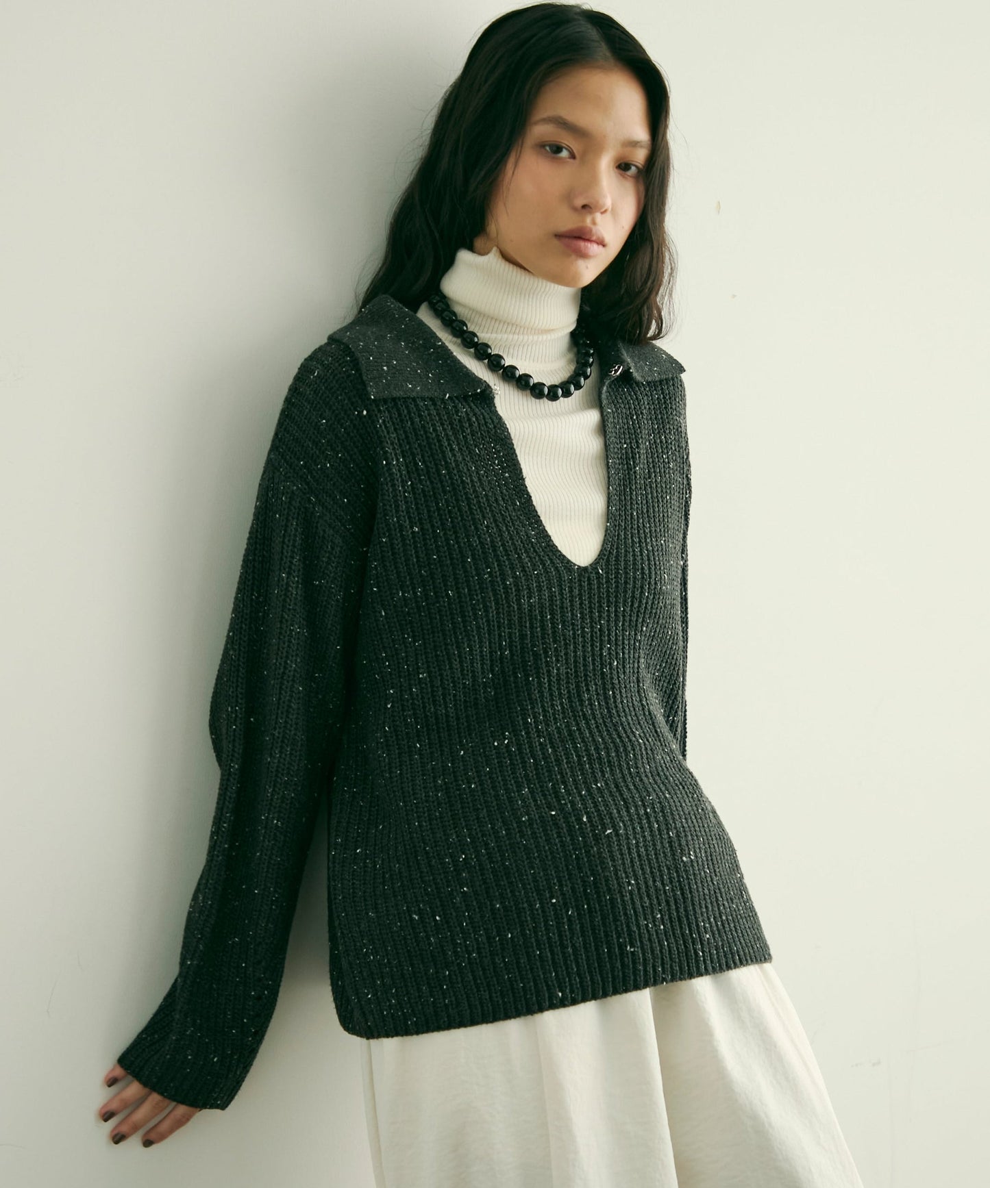 ネップ糸フロントホック衿付きプルオーバー