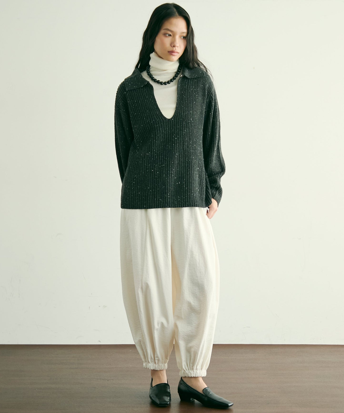 ネップ糸フロントホック衿付きプルオーバー