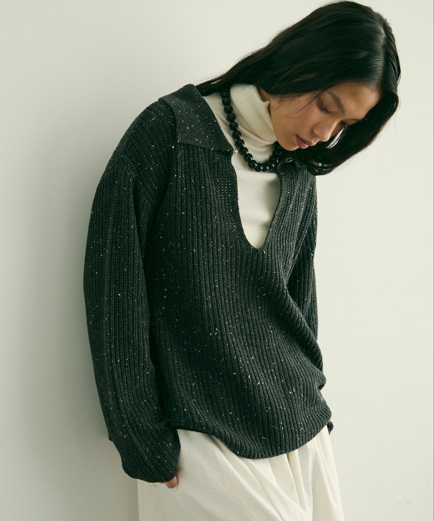 ネップ糸フロントホック衿付きプルオーバー