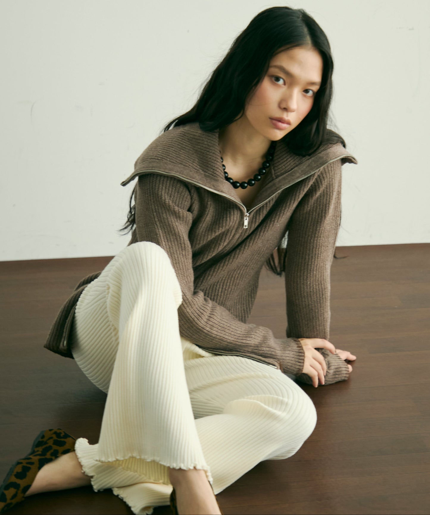 片畦編みダブルZIPカーディガン