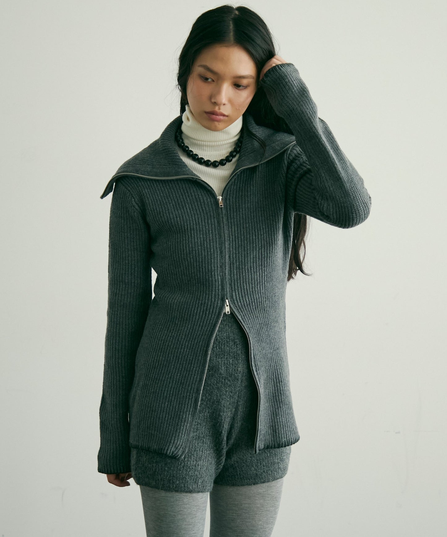 片畦編みダブルZIPカーディガン