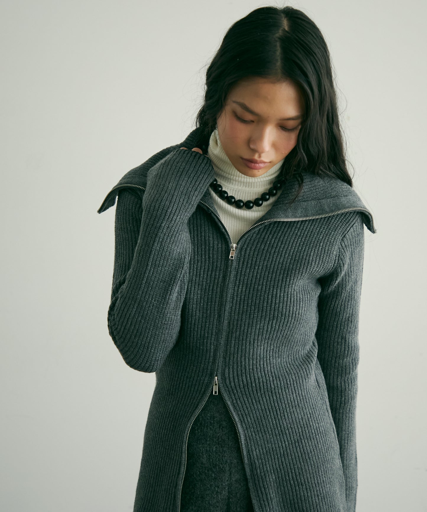 片畦編みダブルZIPカーディガン