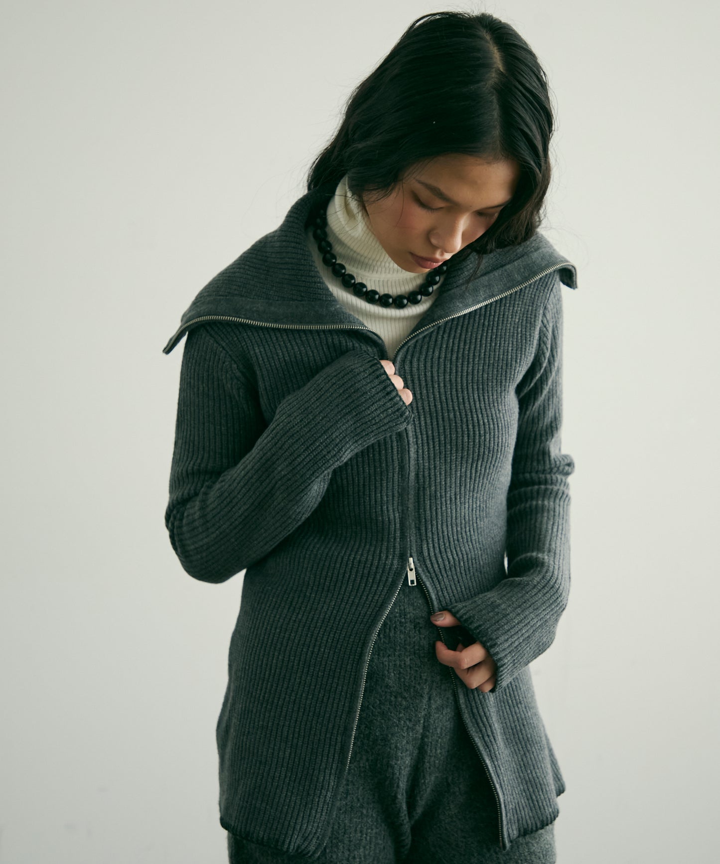 片畦編みダブルZIPカーディガン