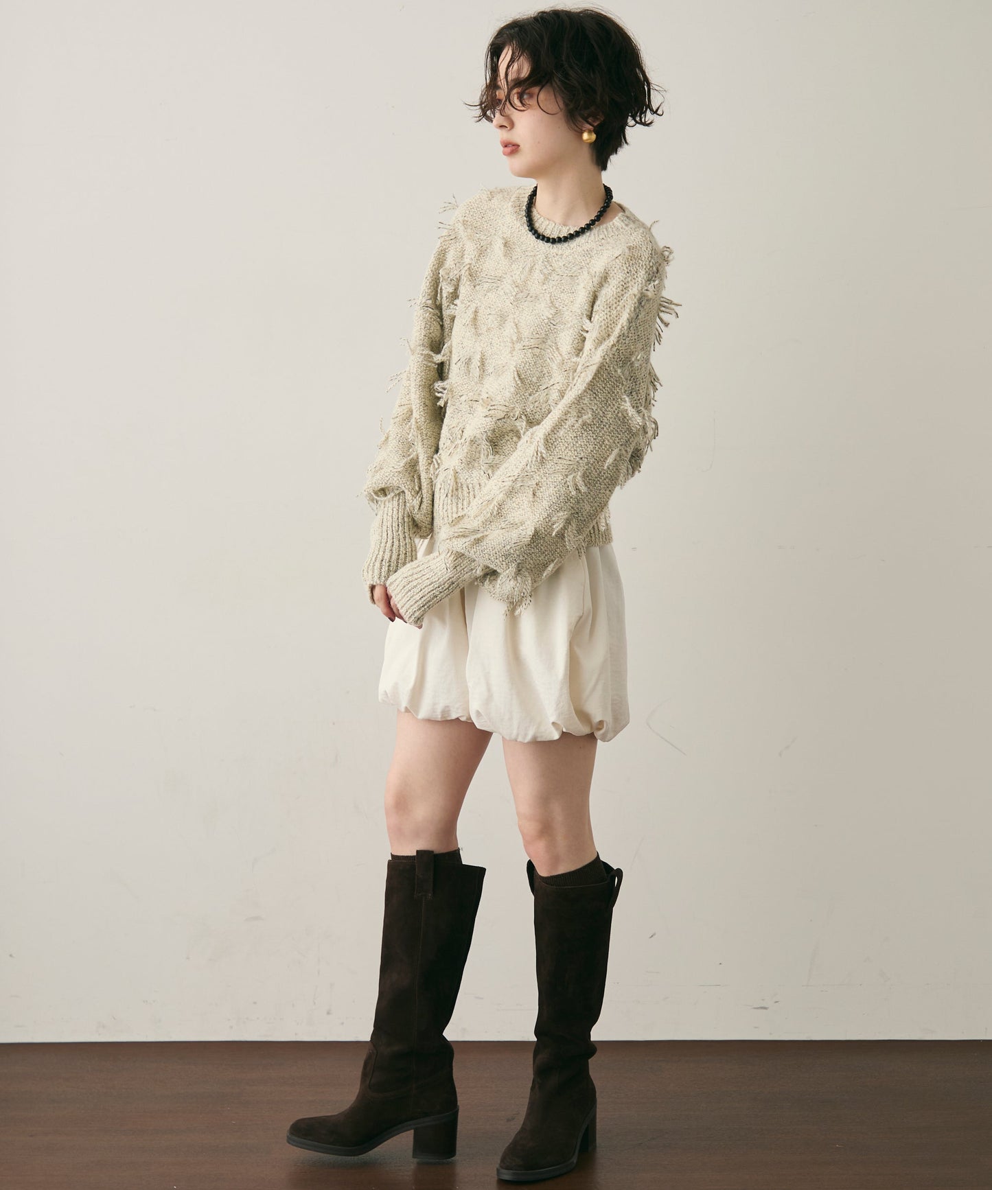 ランダムフリンジパフスリーブプルオーバー