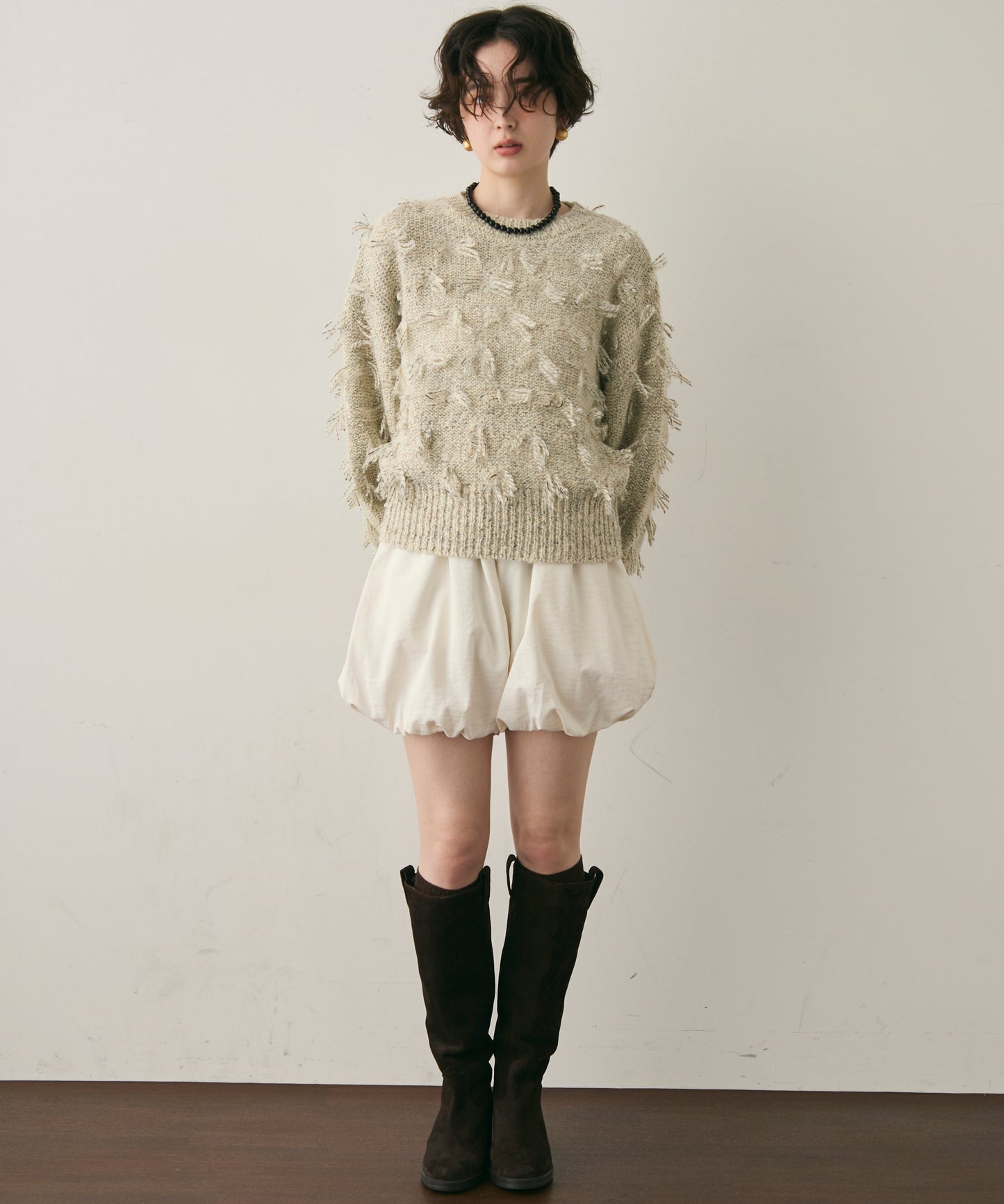 ランダムフリンジパフスリーブプルオーバー