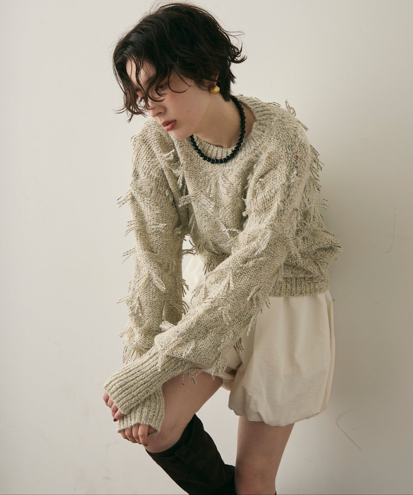ランダムフリンジパフスリーブプルオーバー
