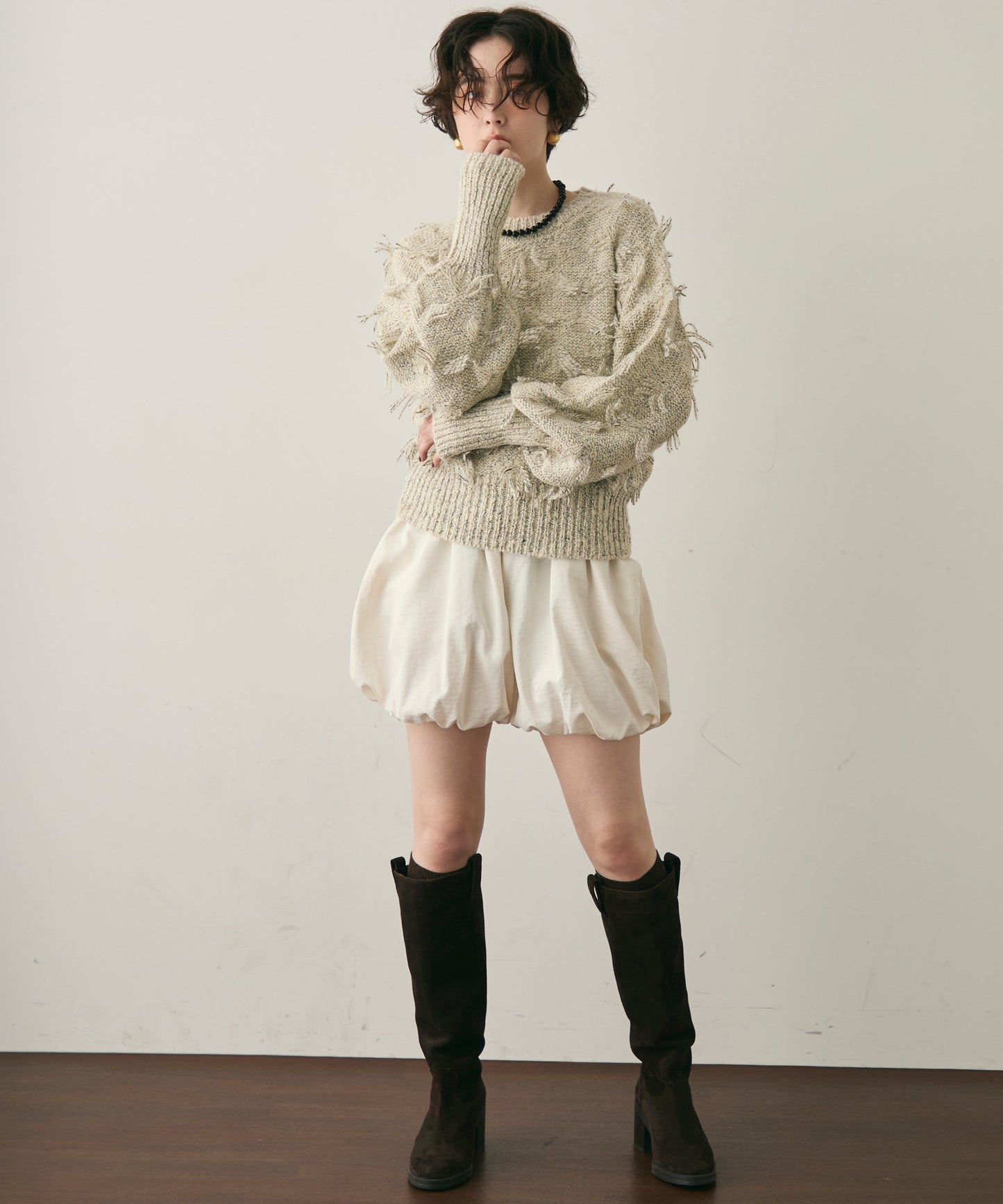 ランダムフリンジパフスリーブプルオーバー