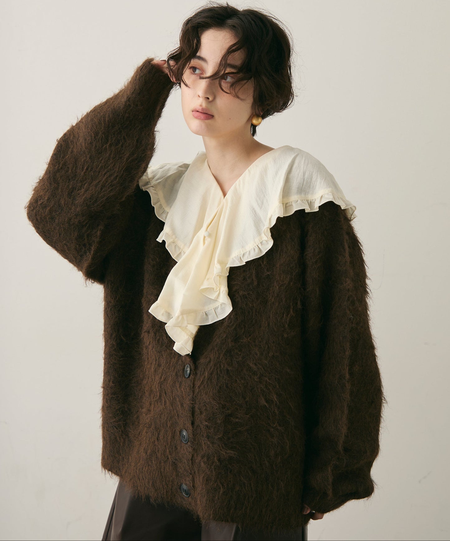 ウール混イエティシャギーVネックカーディガン