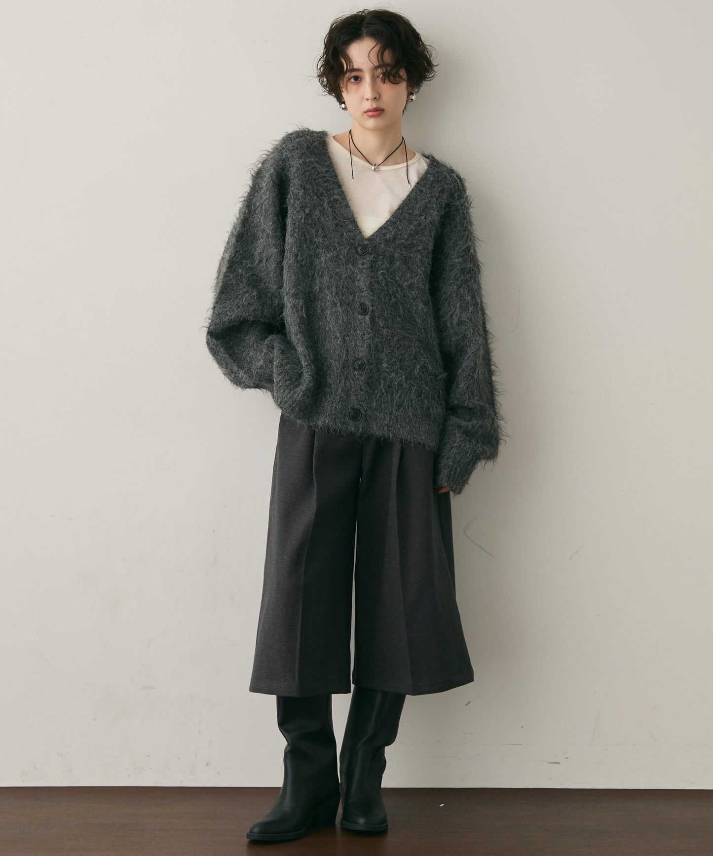 ウール混イエティシャギーVネックカーディガン