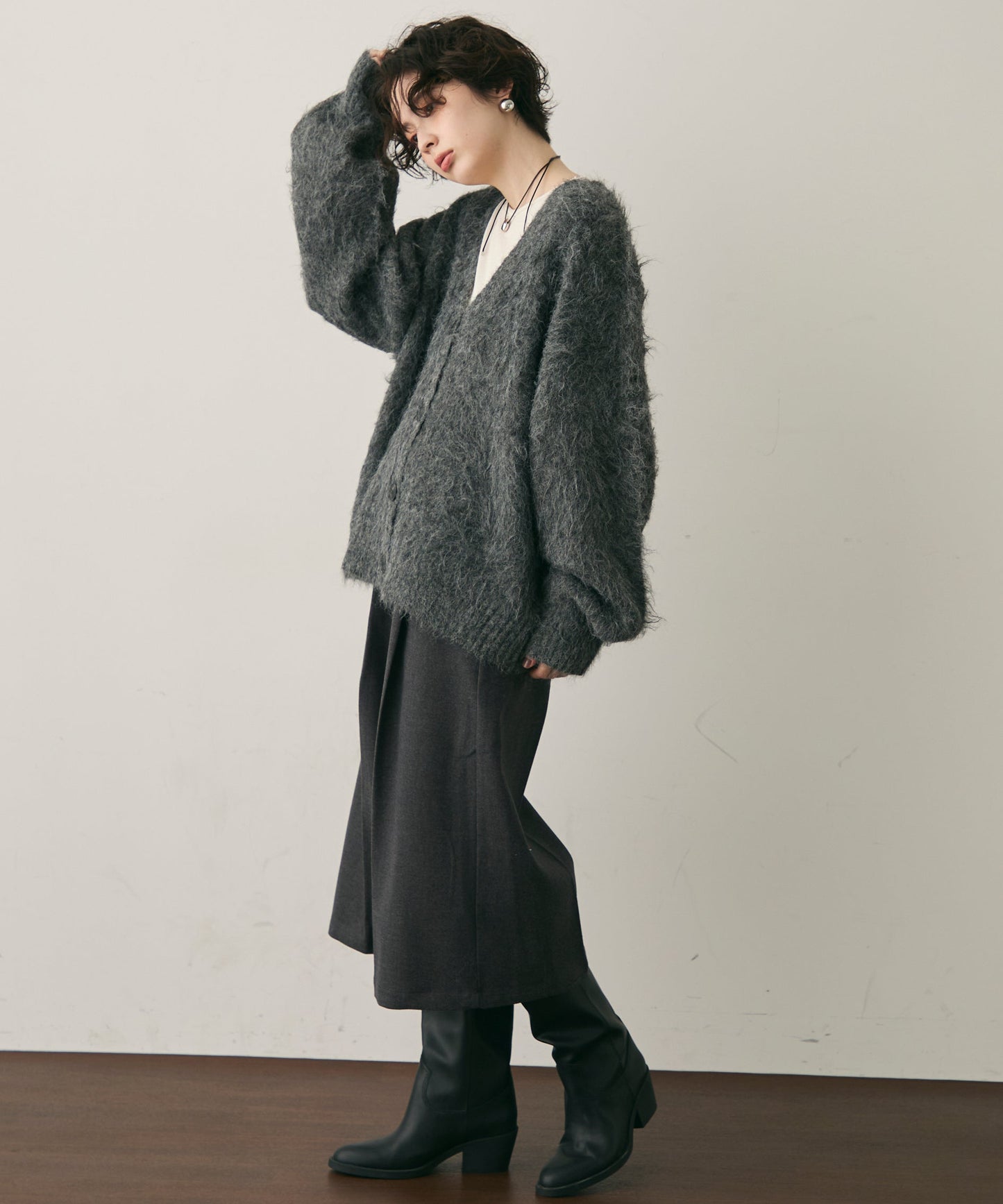 ウール混イエティシャギーVネックカーディガン