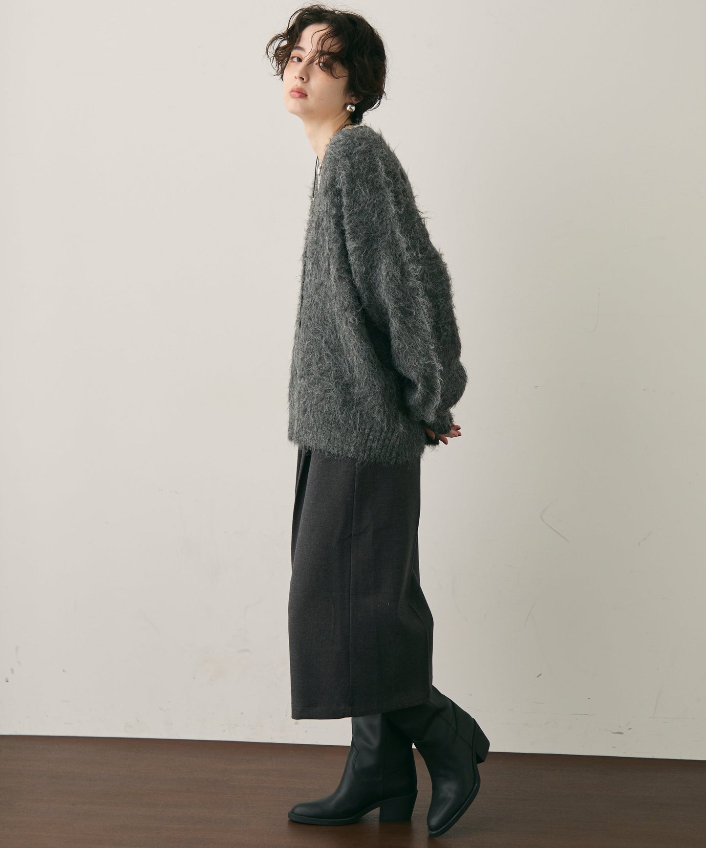 ウール混イエティシャギーVネックカーディガン