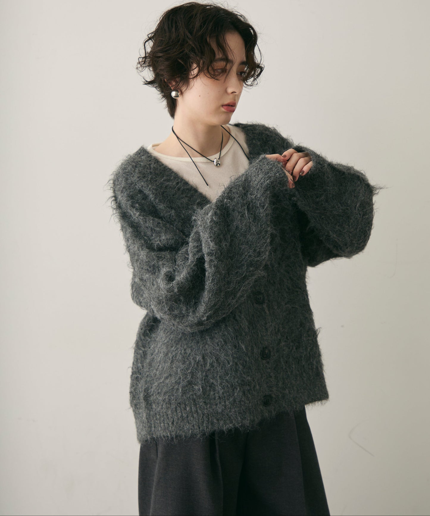 ウール混イエティシャギーVネックカーディガン