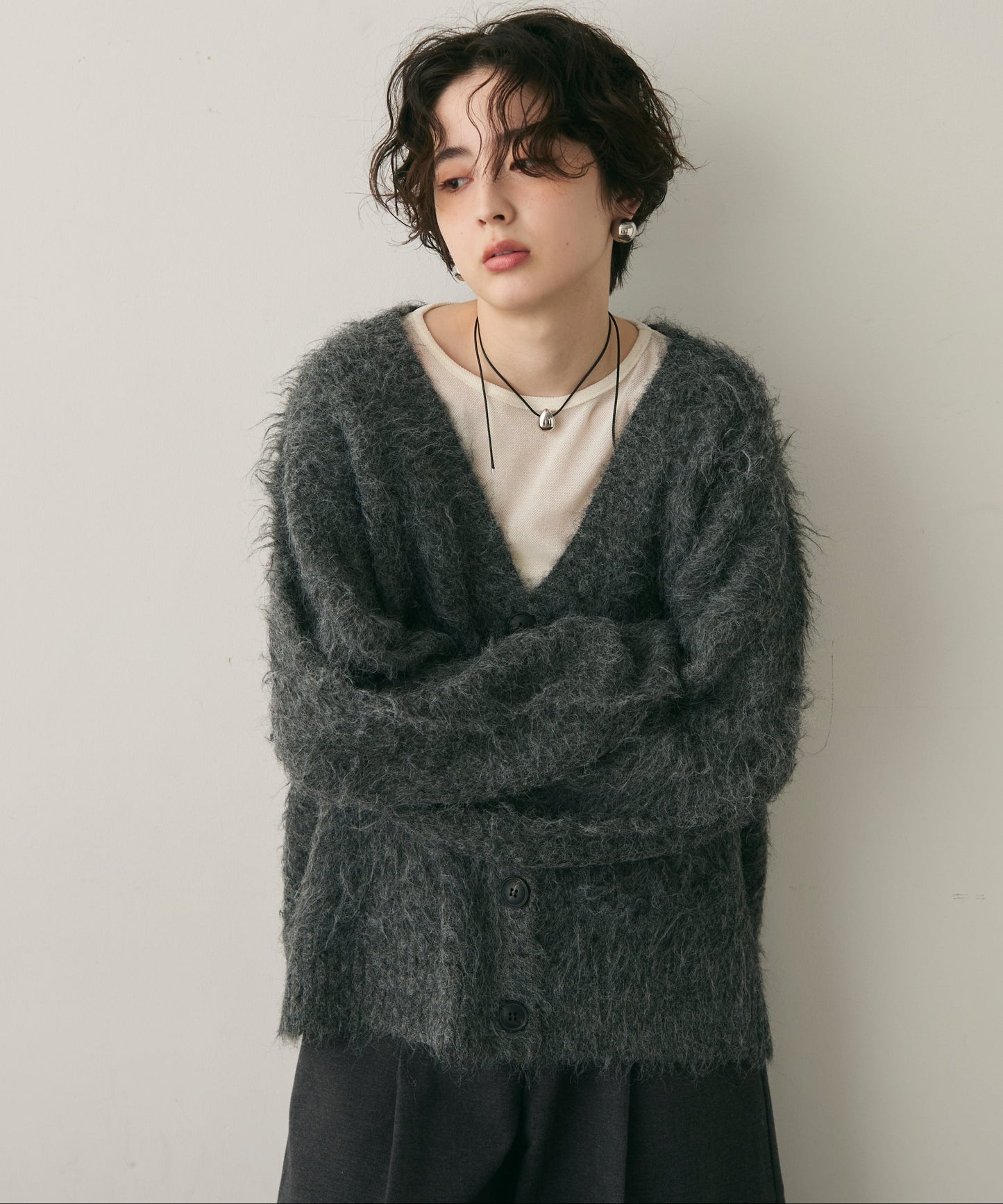 ウール混イエティシャギーVネックカーディガン