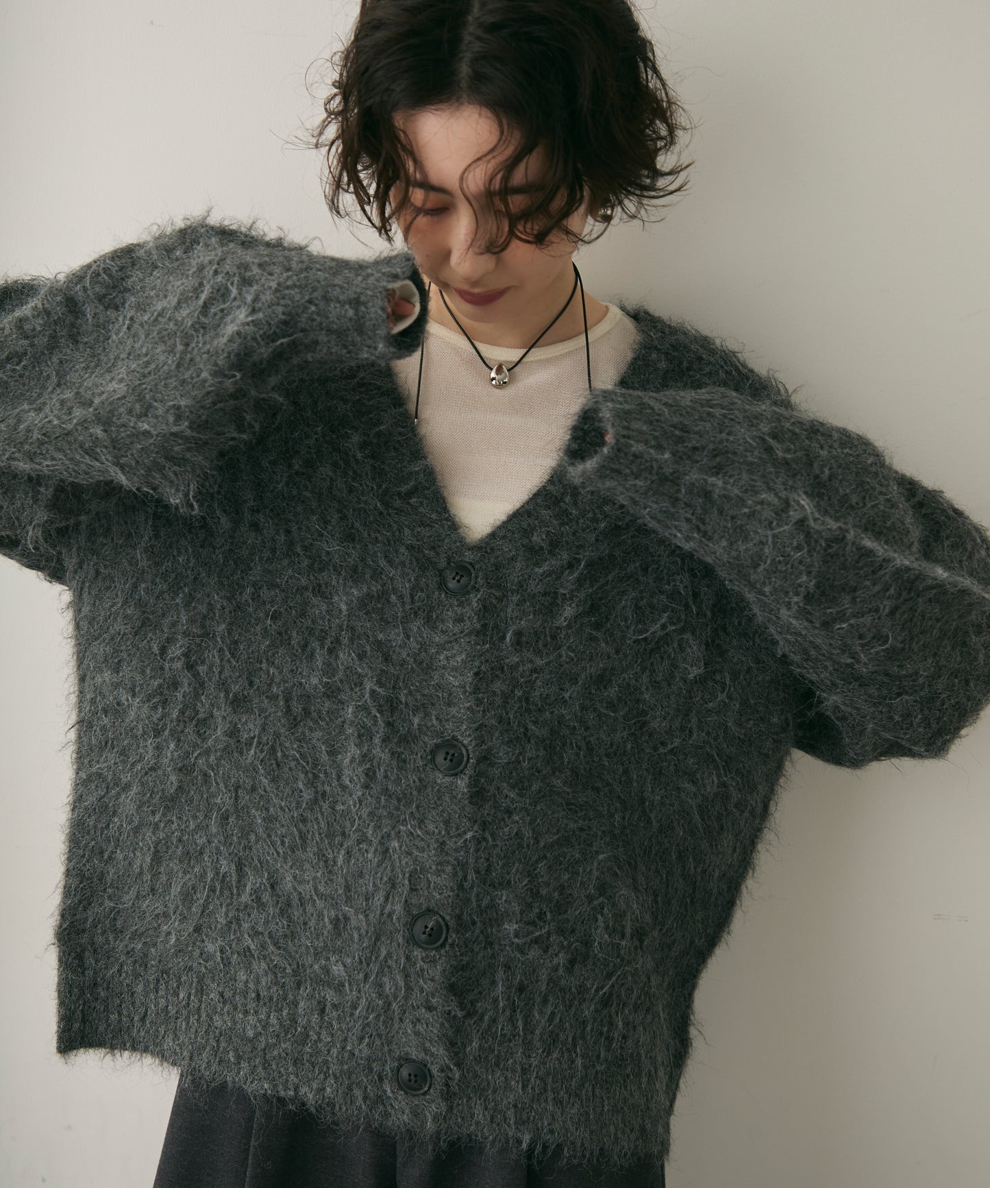 ウール混イエティシャギーVネックカーディガン