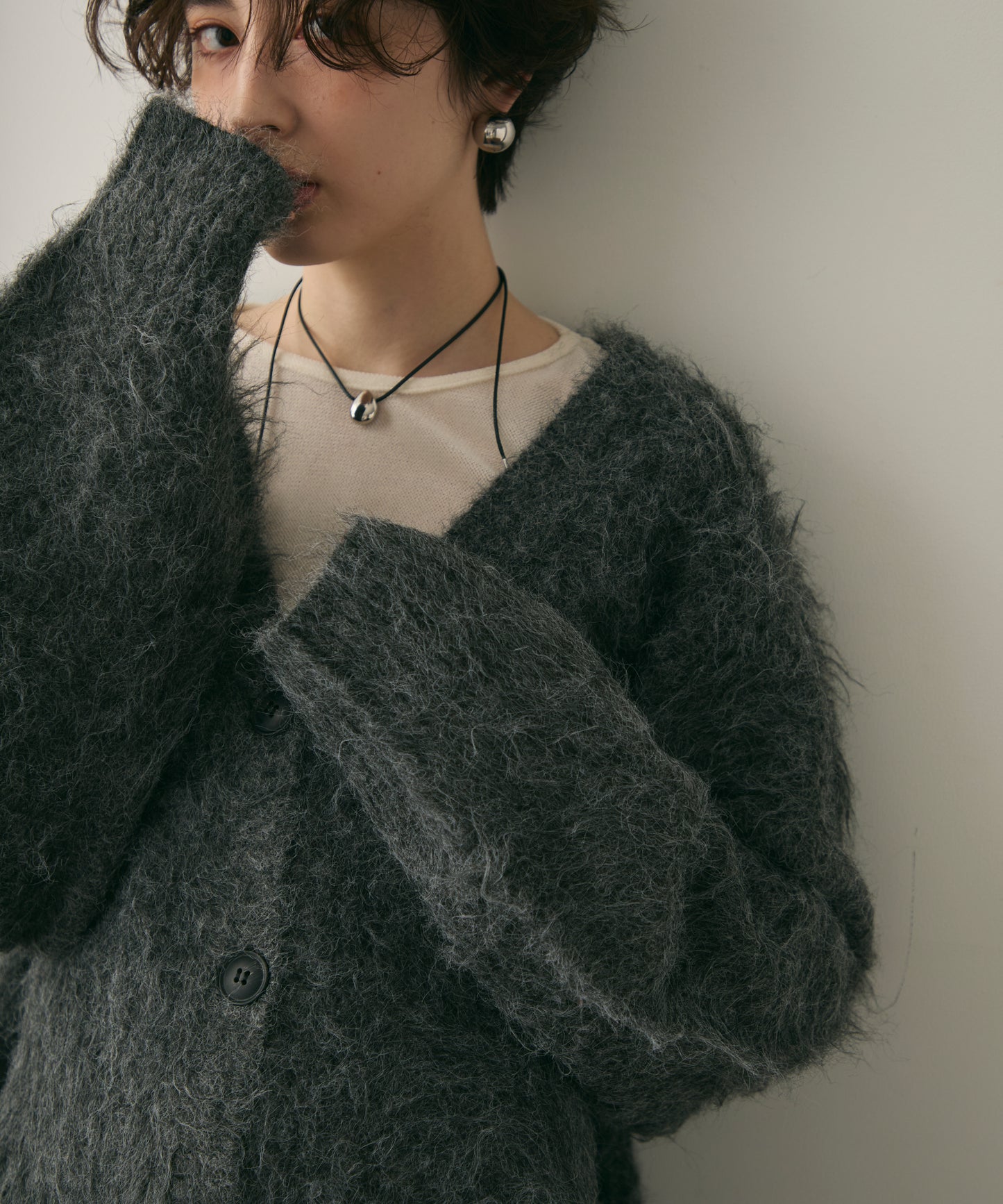 ウール混イエティシャギーVネックカーディガン