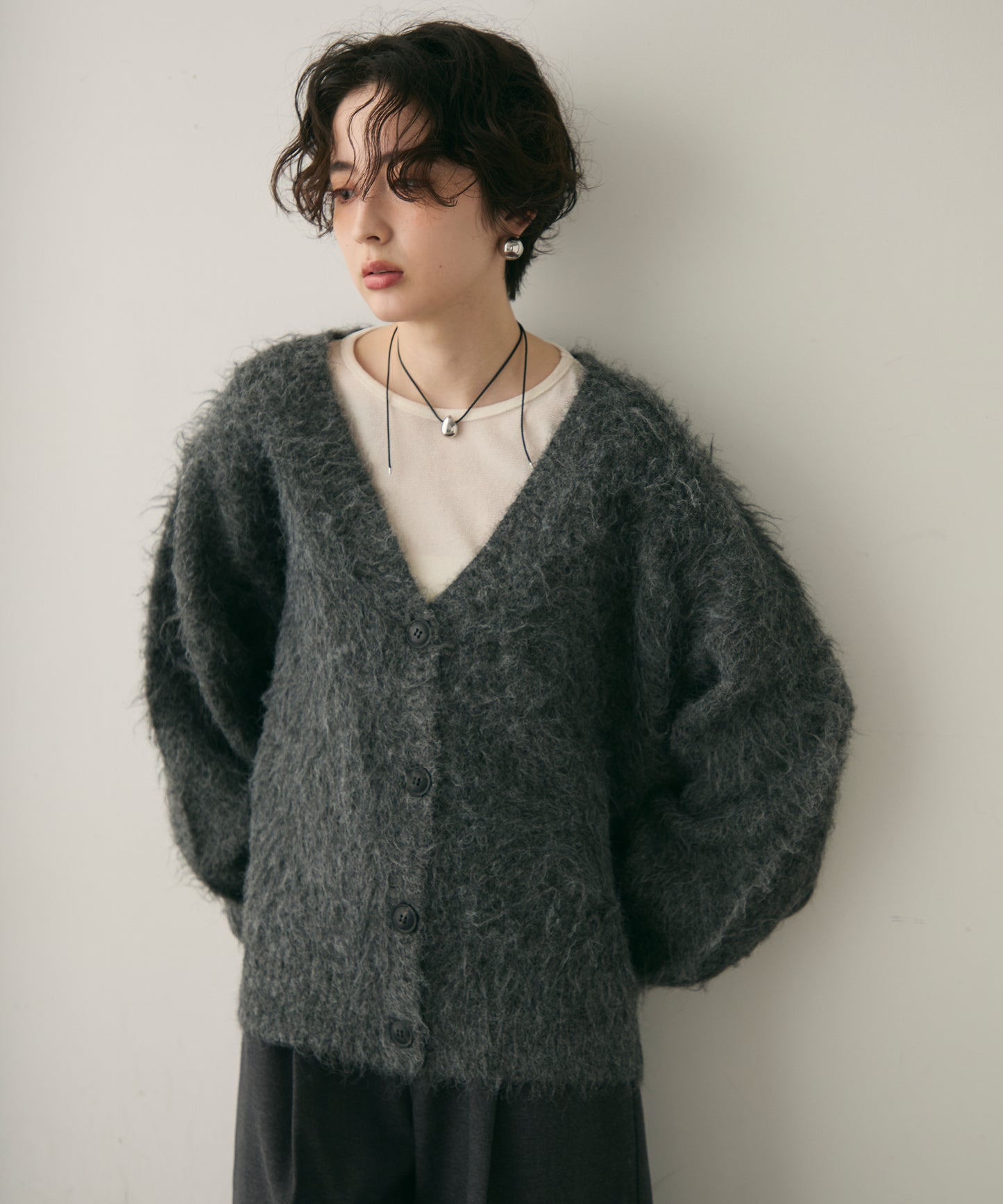 ウール混イエティシャギーVネックカーディガン
