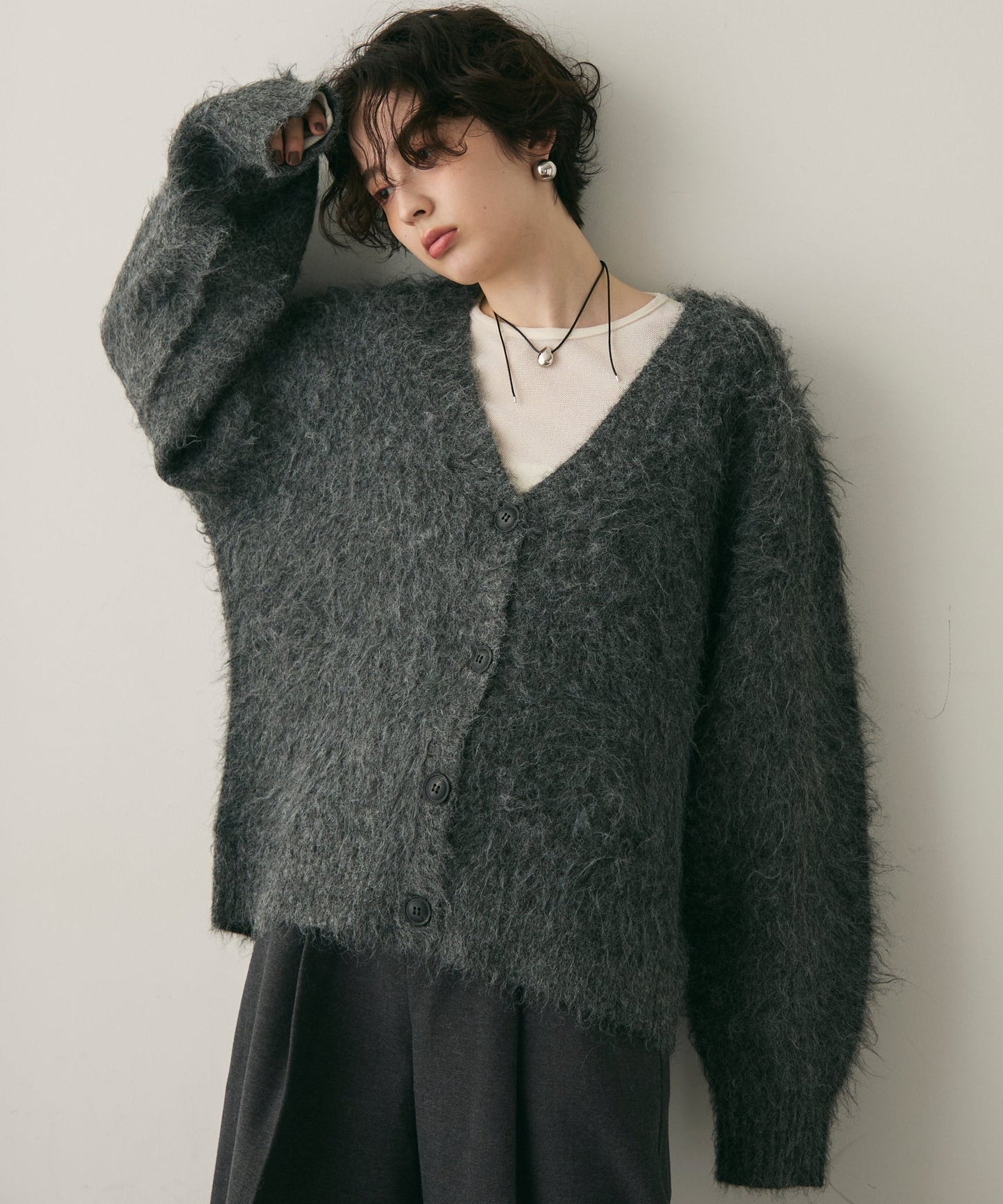 ウール混イエティシャギーVネックカーディガン