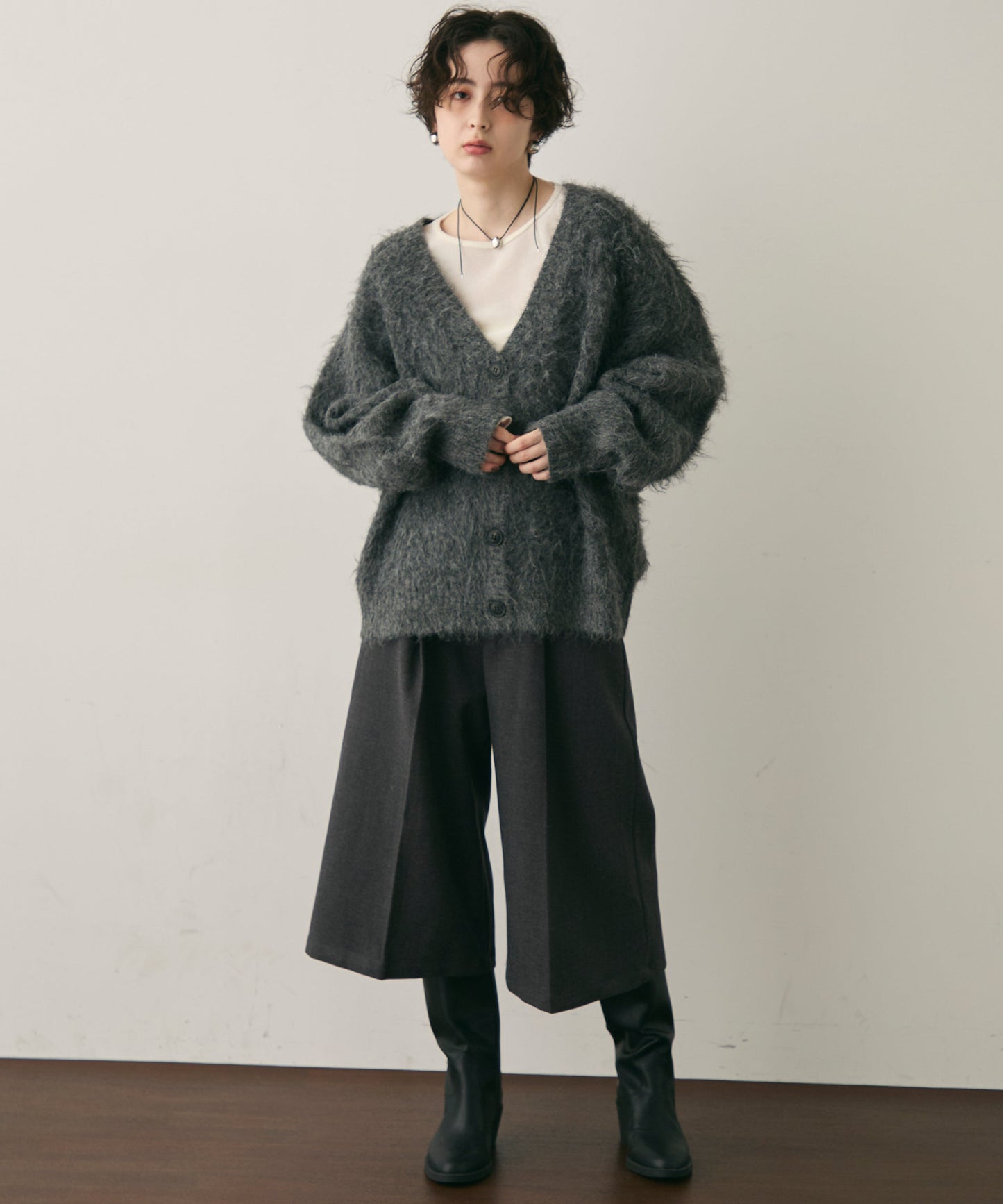 ウール混イエティシャギーVネックカーディガン