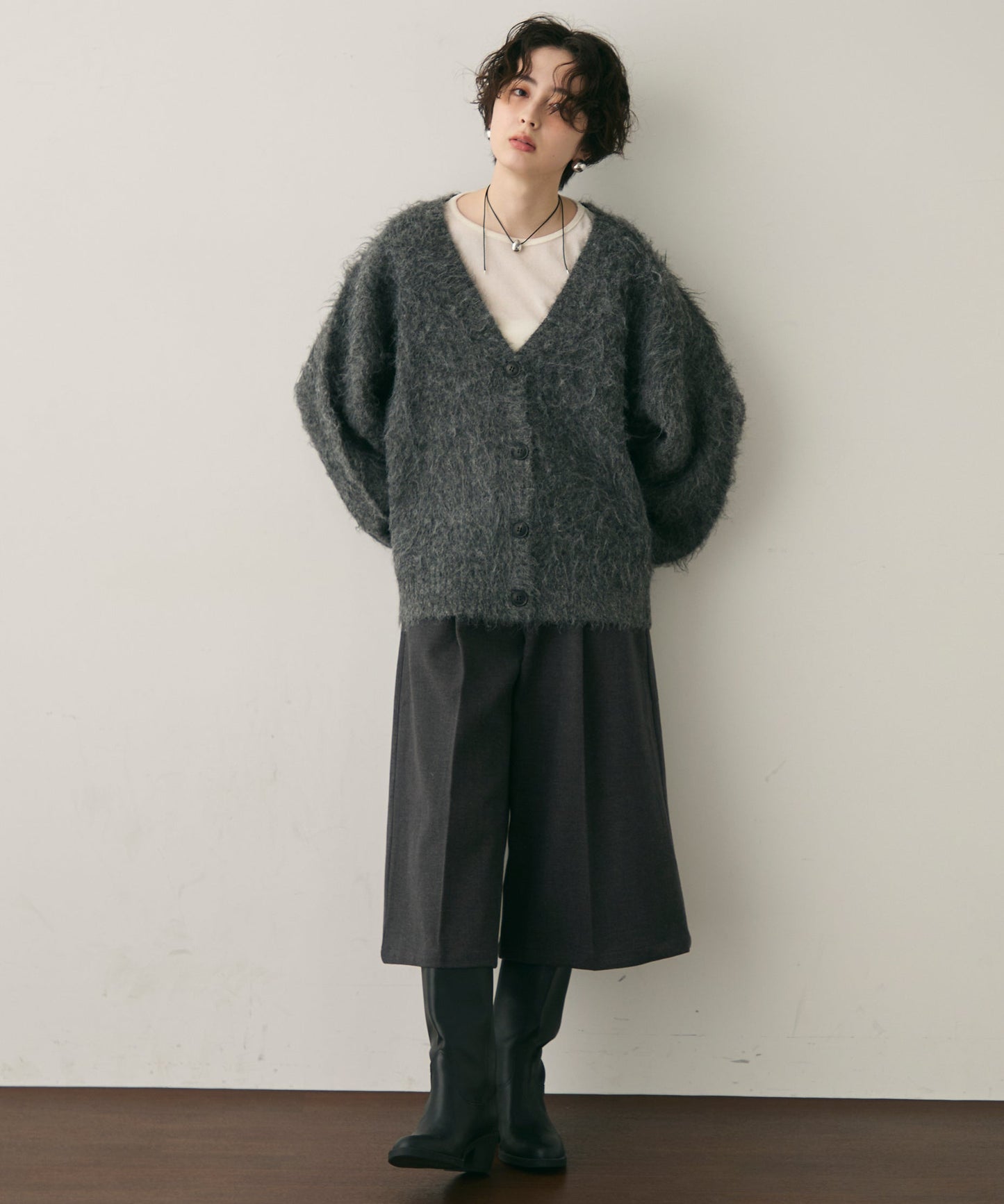 ウール混イエティシャギーVネックカーディガン