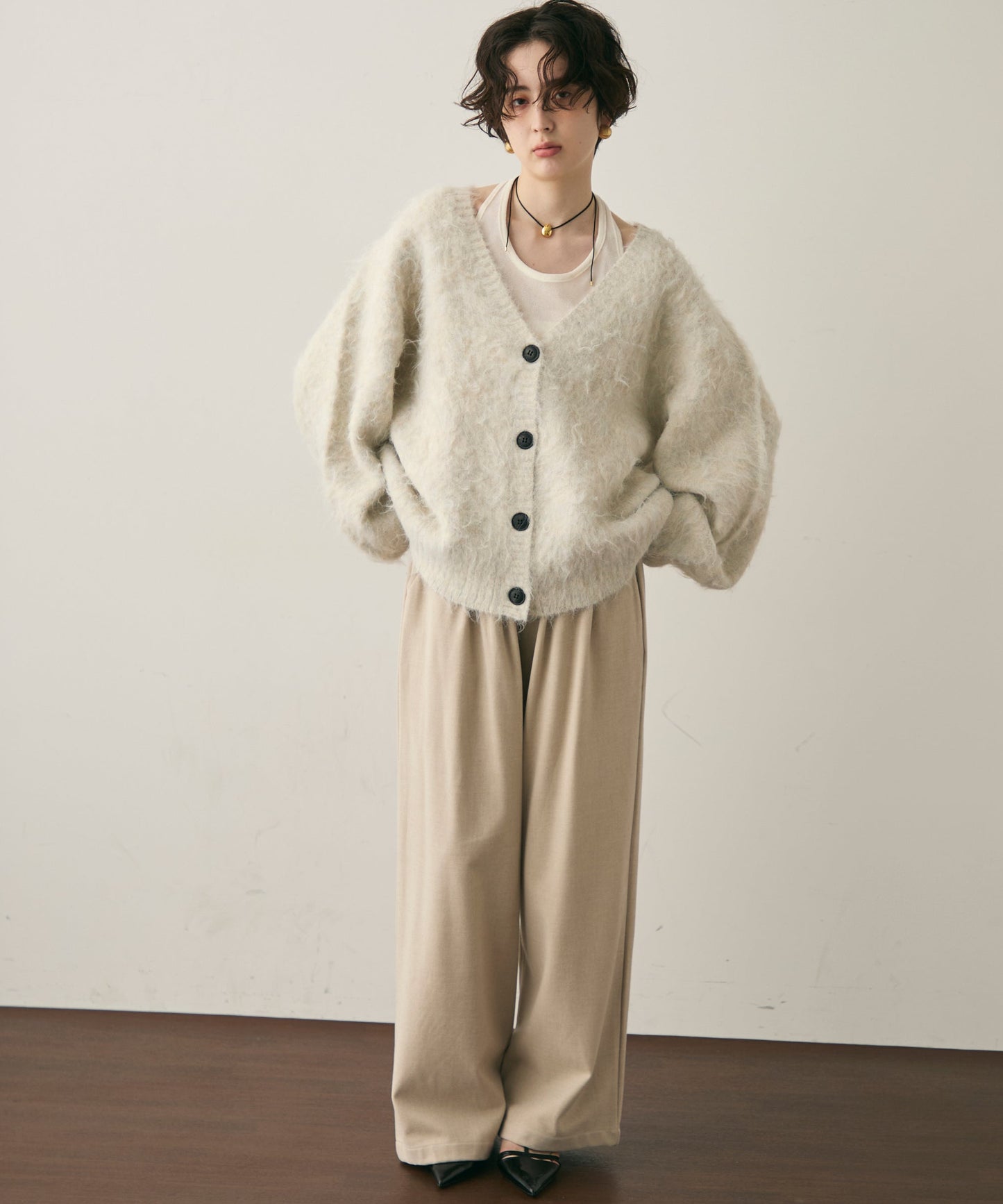 ウール混イエティシャギーVネックカーディガン