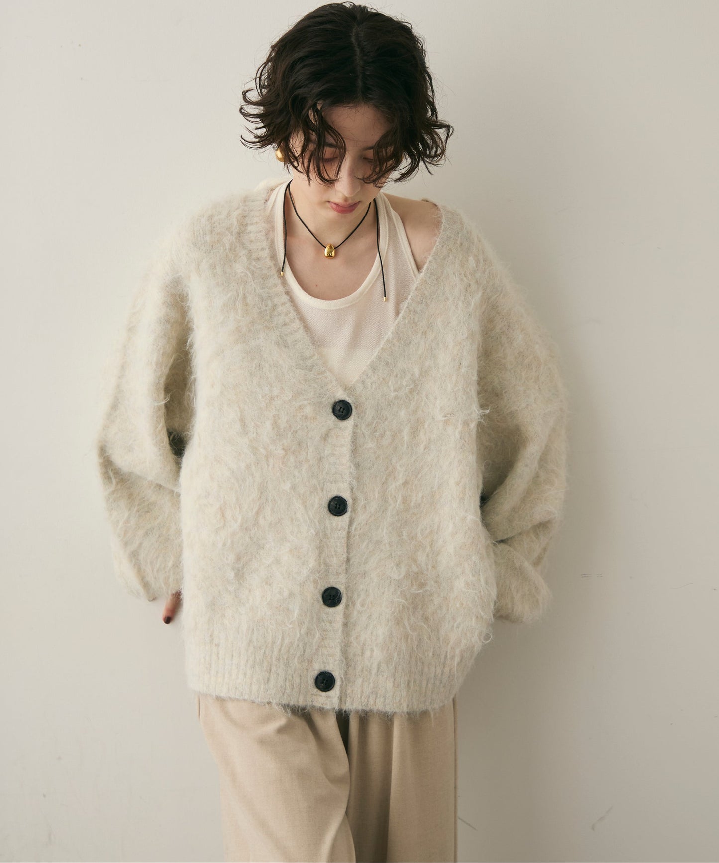 ウール混イエティシャギーVネックカーディガン