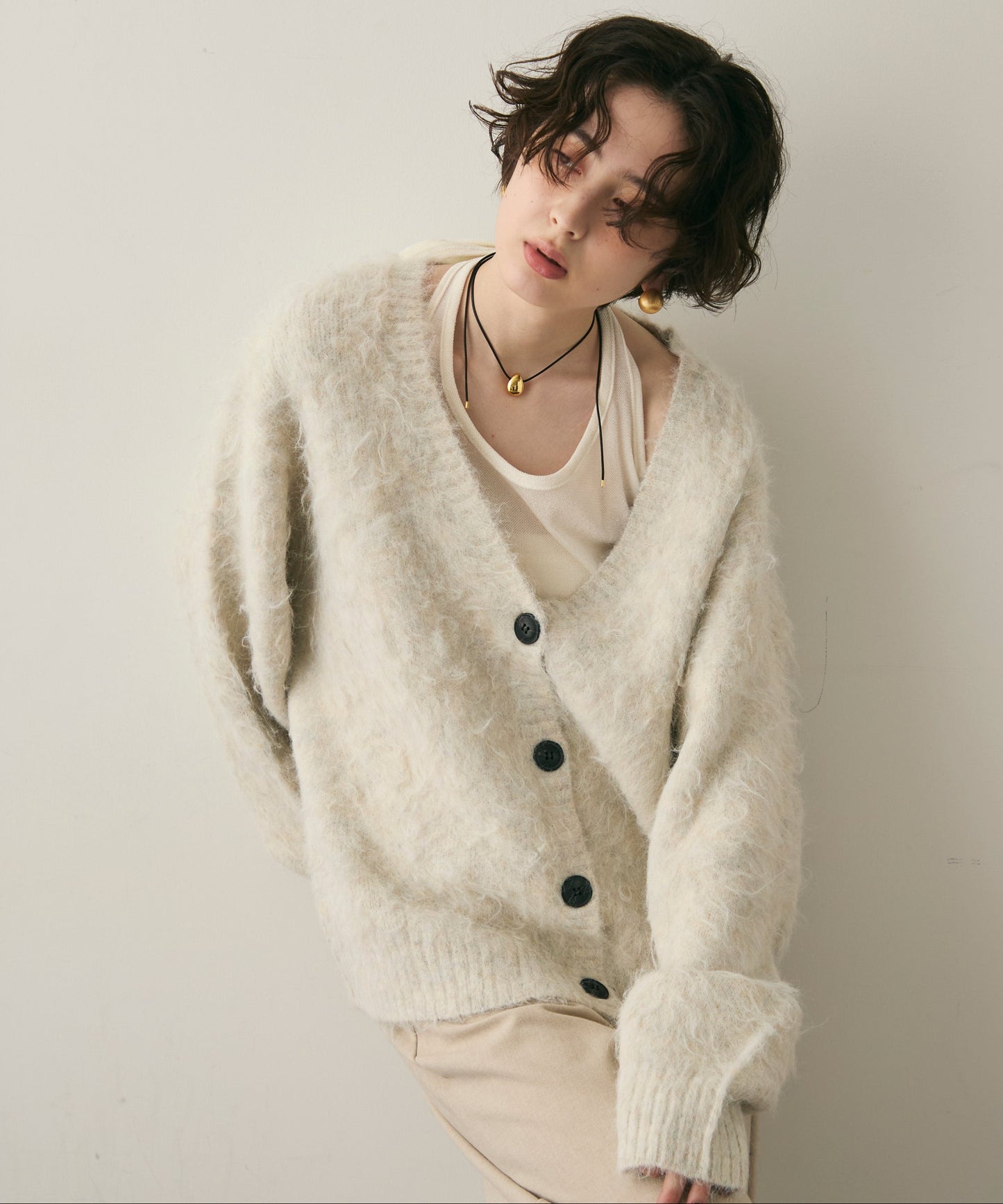 ウール混イエティシャギーVネックカーディガン