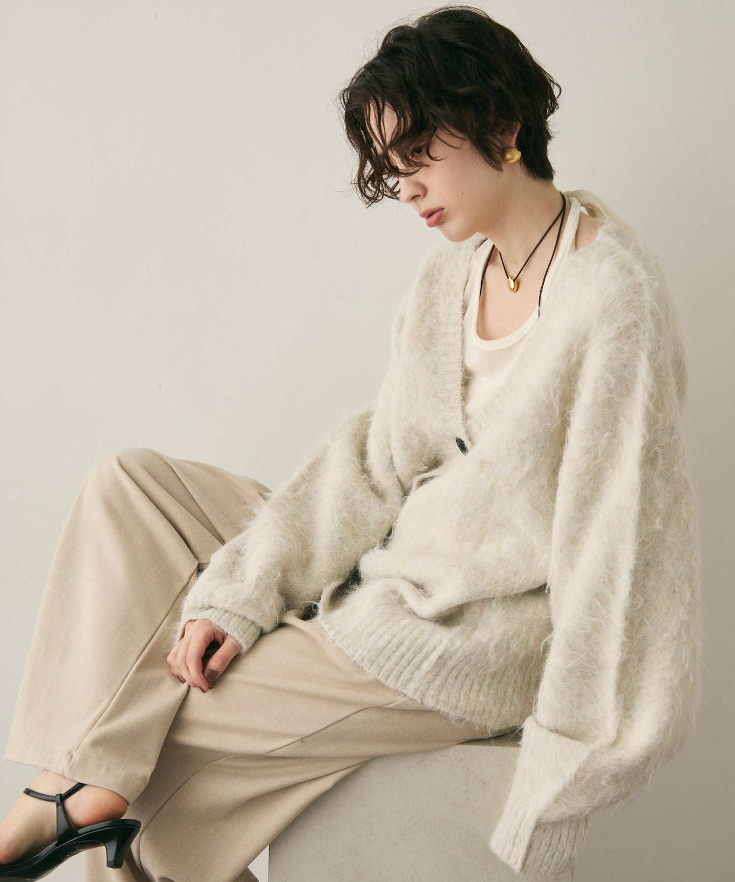 ウール混イエティシャギーVネックカーディガン