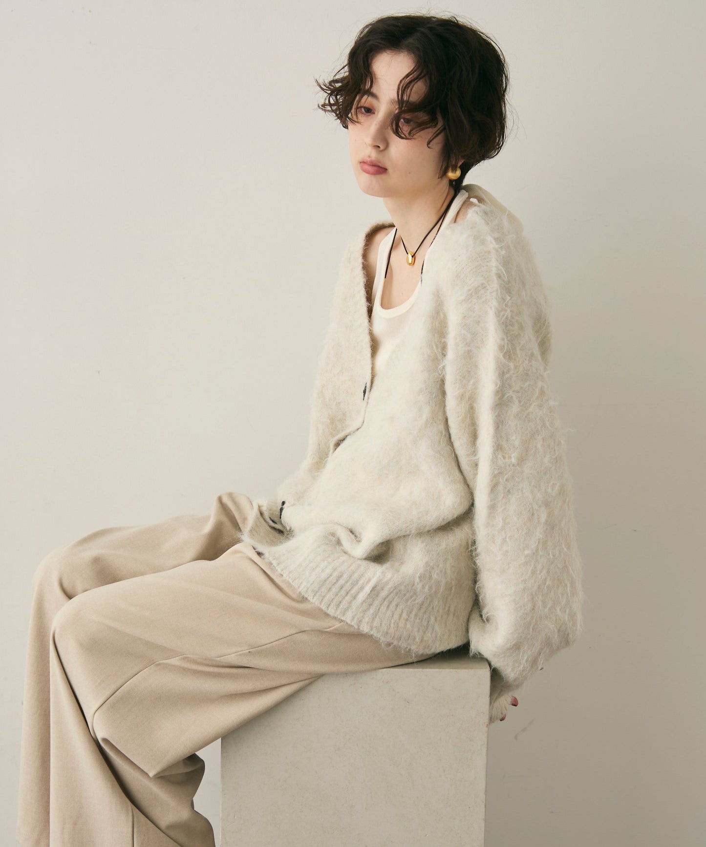 ウール混イエティシャギーVネックカーディガン