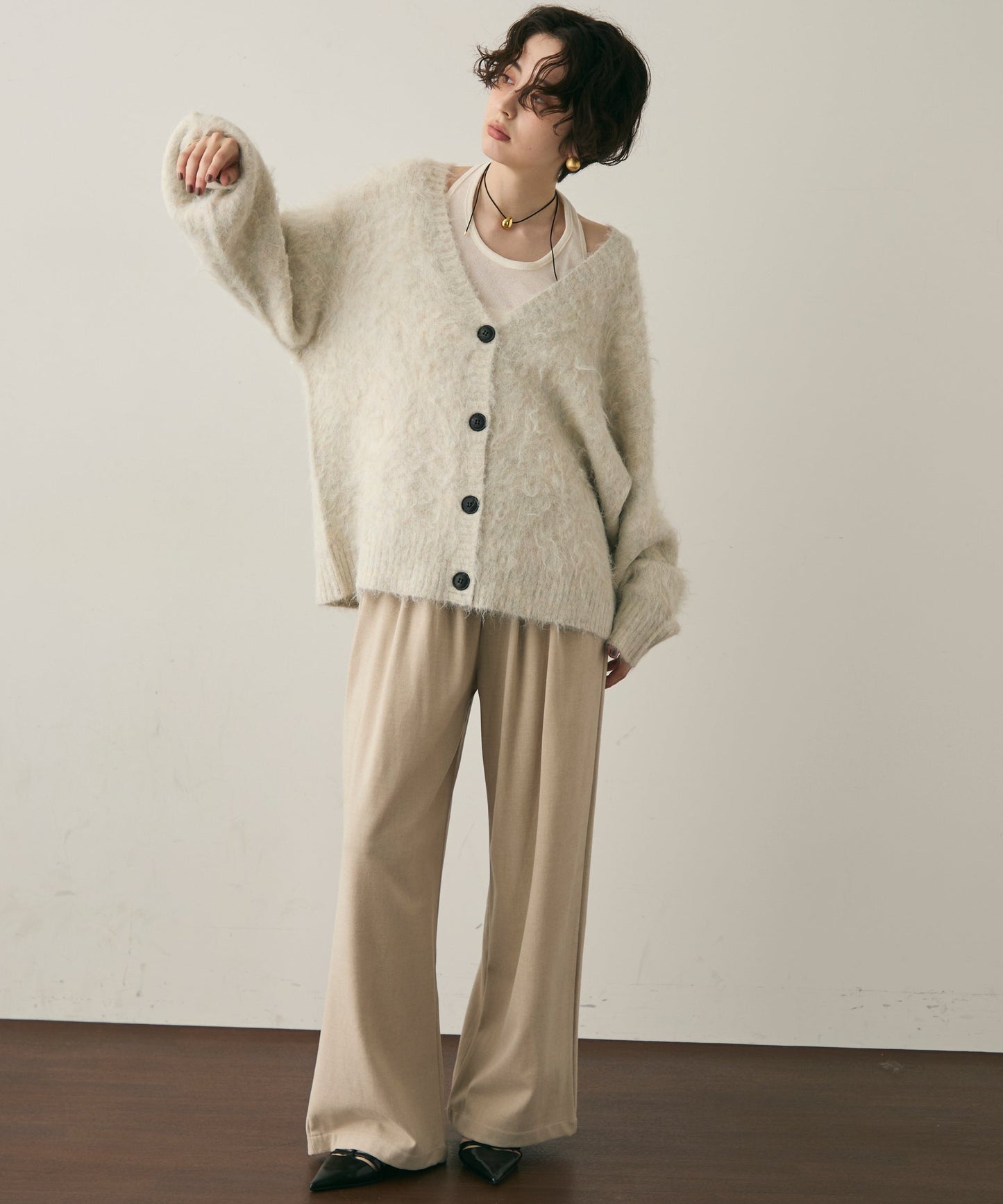 ウール混イエティシャギーVネックカーディガン