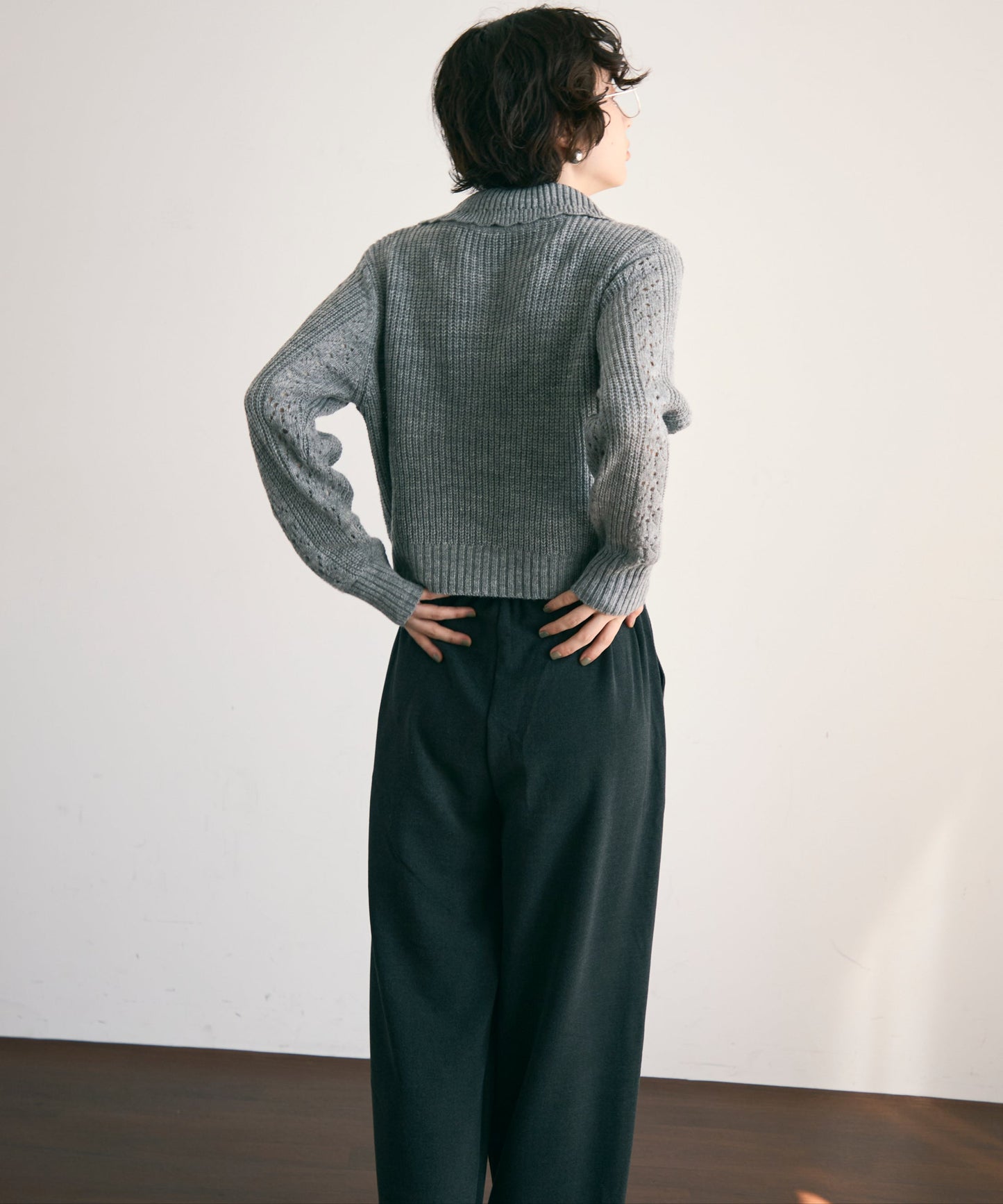 ポロ襟アイレットニットカーデ